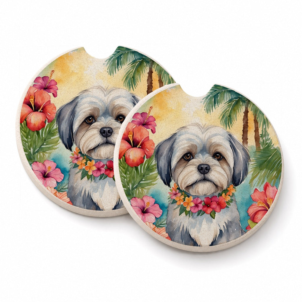 Lhasa Apso Luau Set of 2 Cup Holder Car Coasters Absorbent Round Sandstone Coasters Gifts for Men or Women, 2.5, Multicolor