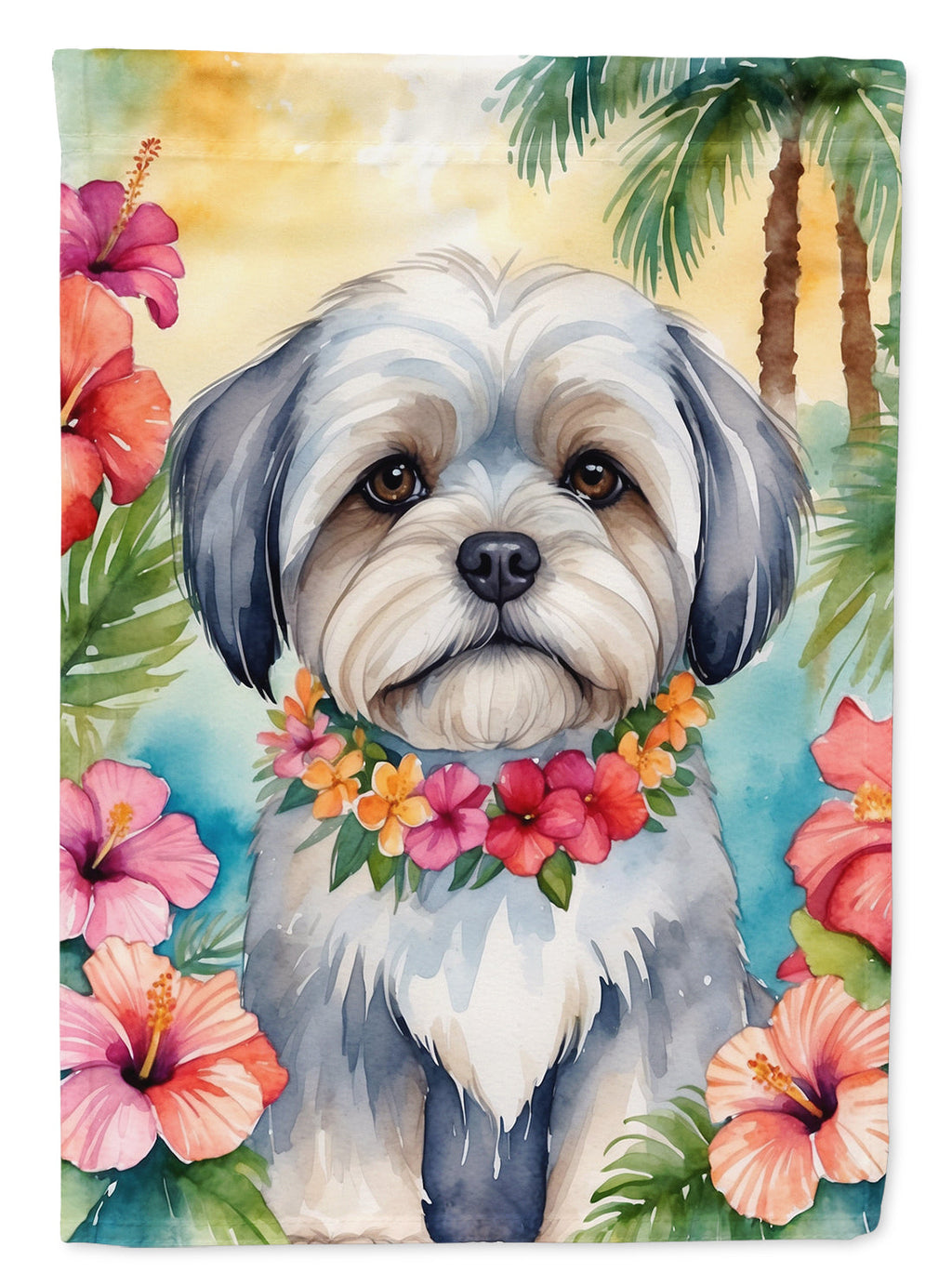 Lhasa Apso Luau House Flag 28x40 Porch Sleeve Pole Decorative Outside Yard Banner Artwork Wall Hanging, Polyester