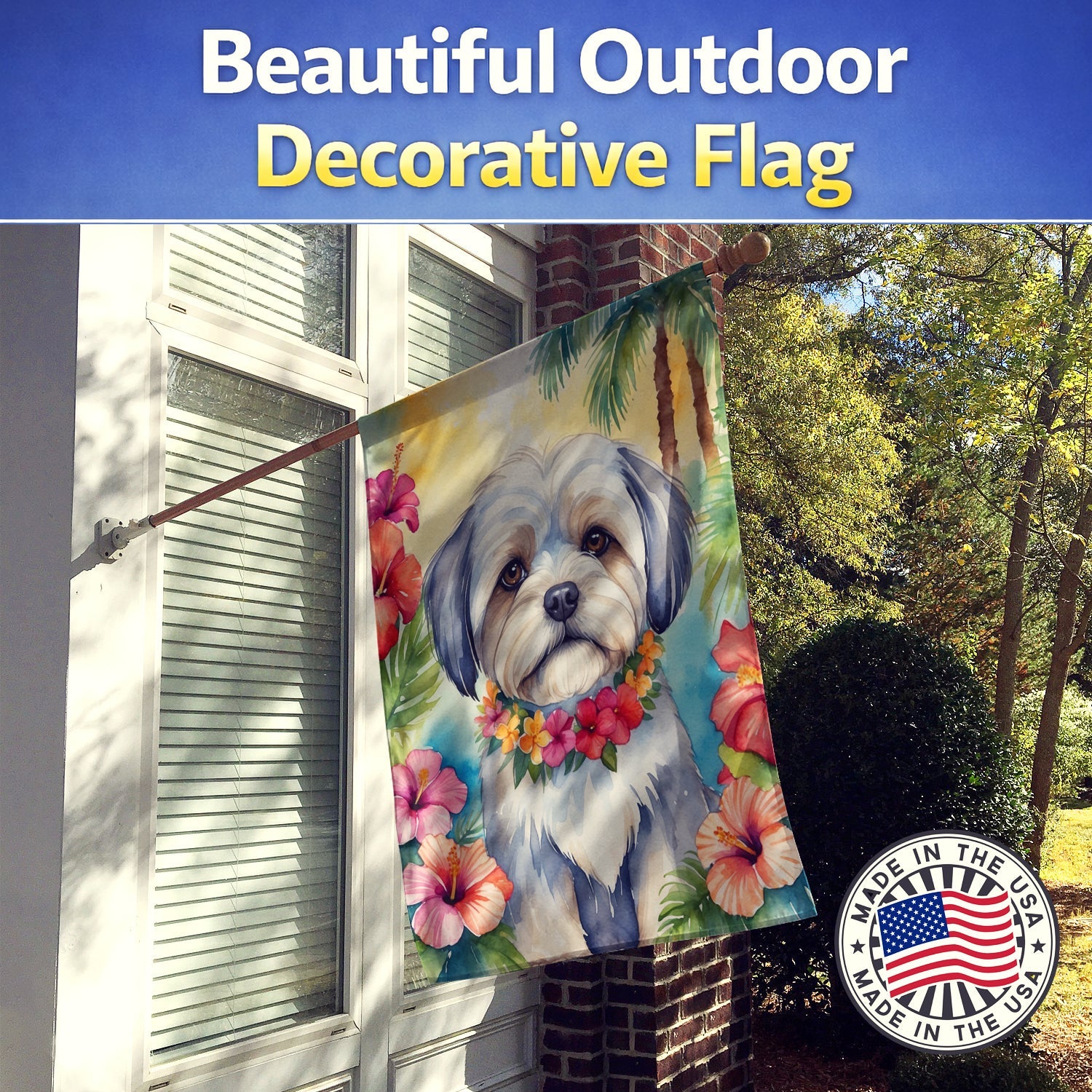 Lhasa Apso Luau House Flag 28x40 Porch Sleeve Pole Decorative Outside Yard Banner Artwork Wall Hanging, Polyester