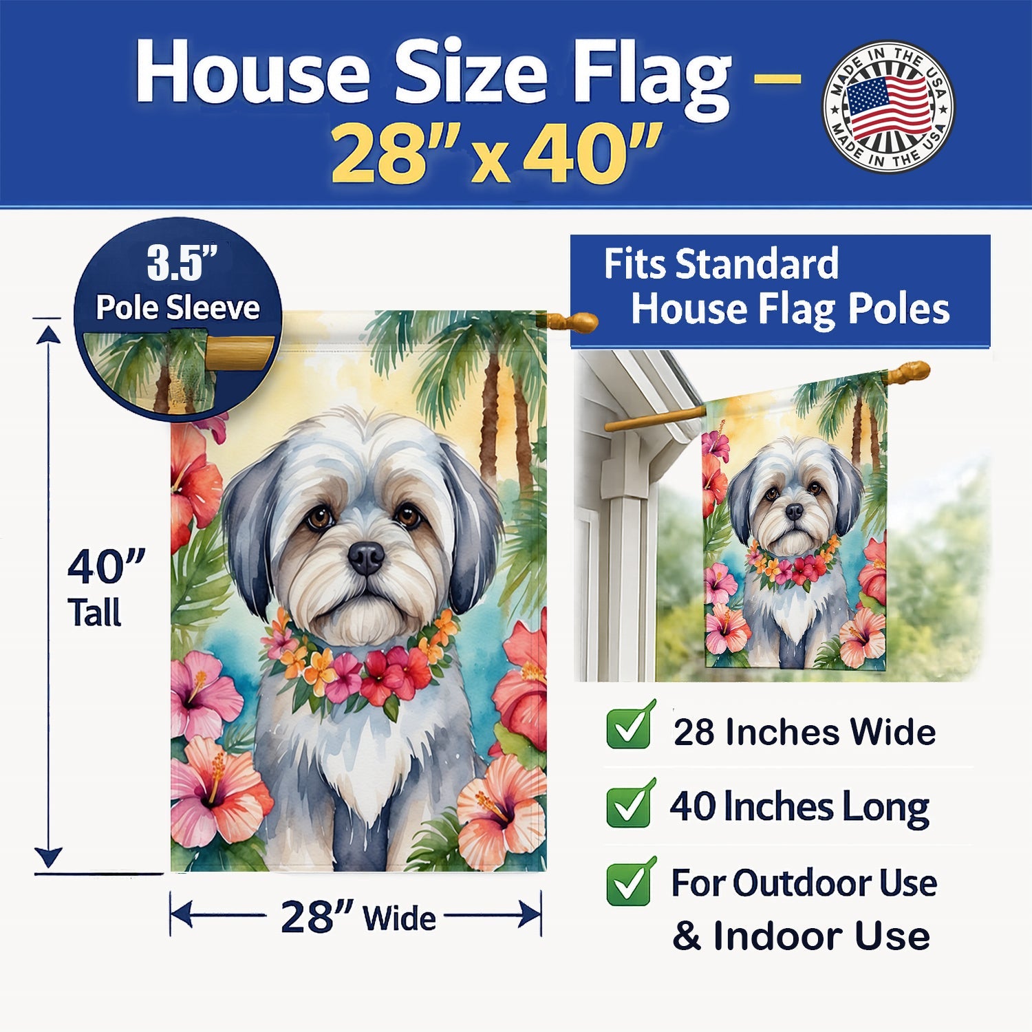 Lhasa Apso Luau House Flag 28x40 Porch Sleeve Pole Decorative Outside Yard Banner Artwork Wall Hanging, Polyester
