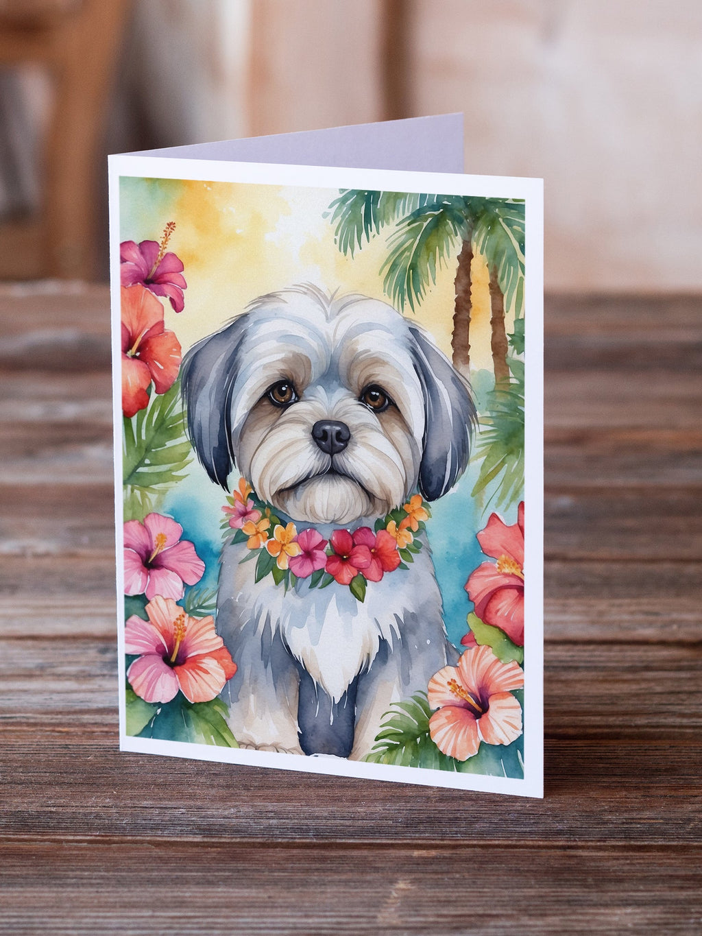 Lhasa Apso Luau Greeting Cards Pack of 8 Blank Cards with Envelopes Whimsical A7 Size 5x7