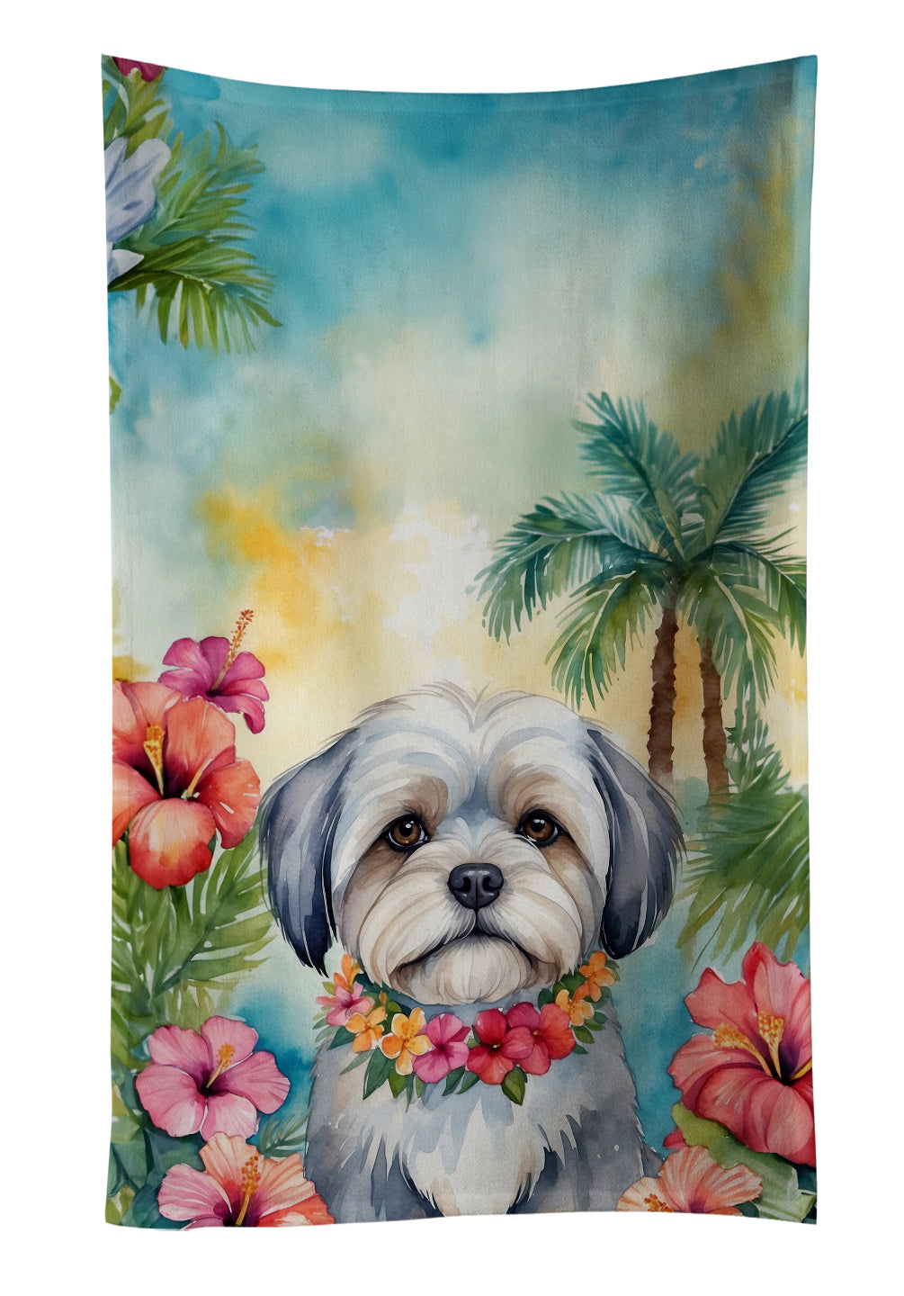 Lhasa Apso Luau Kitchen Towel Velour Plush Front and Cotton Loop Back Machine Washable