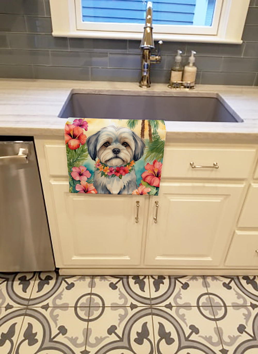 Lhasa Apso Luau Kitchen Towel Velour Plush Front and Cotton Loop Back Machine Washable