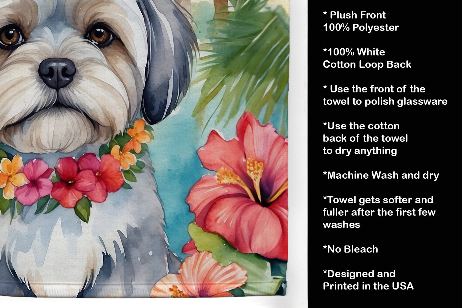 Lhasa Apso Luau Kitchen Towel Velour Plush Front and Cotton Loop Back Machine Washable