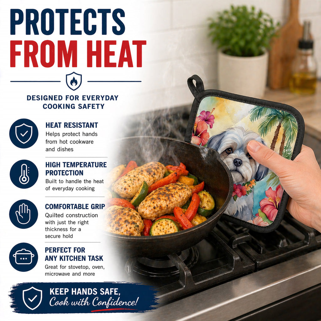 Lhasa Apso Luau Pot Holder Set of 2 Heat Resistant Quilted Hot Pads 7.5 x 7.5 Inch, Insulated Kitchen Trivets for Cooking & Baking