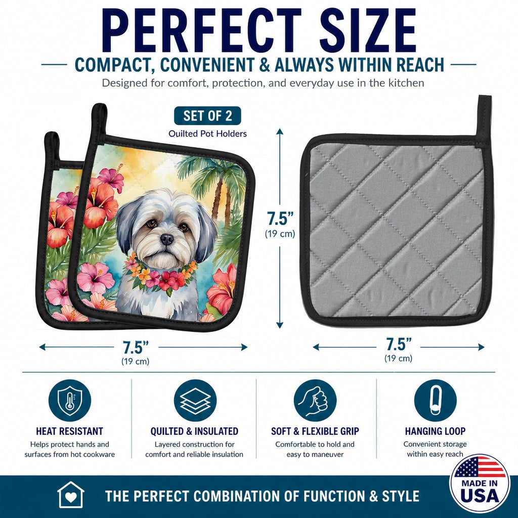 Lhasa Apso Luau Pot Holder Set of 2 Heat Resistant Quilted Hot Pads 7.5 x 7.5 Inch, Insulated Kitchen Trivets for Cooking & Baking