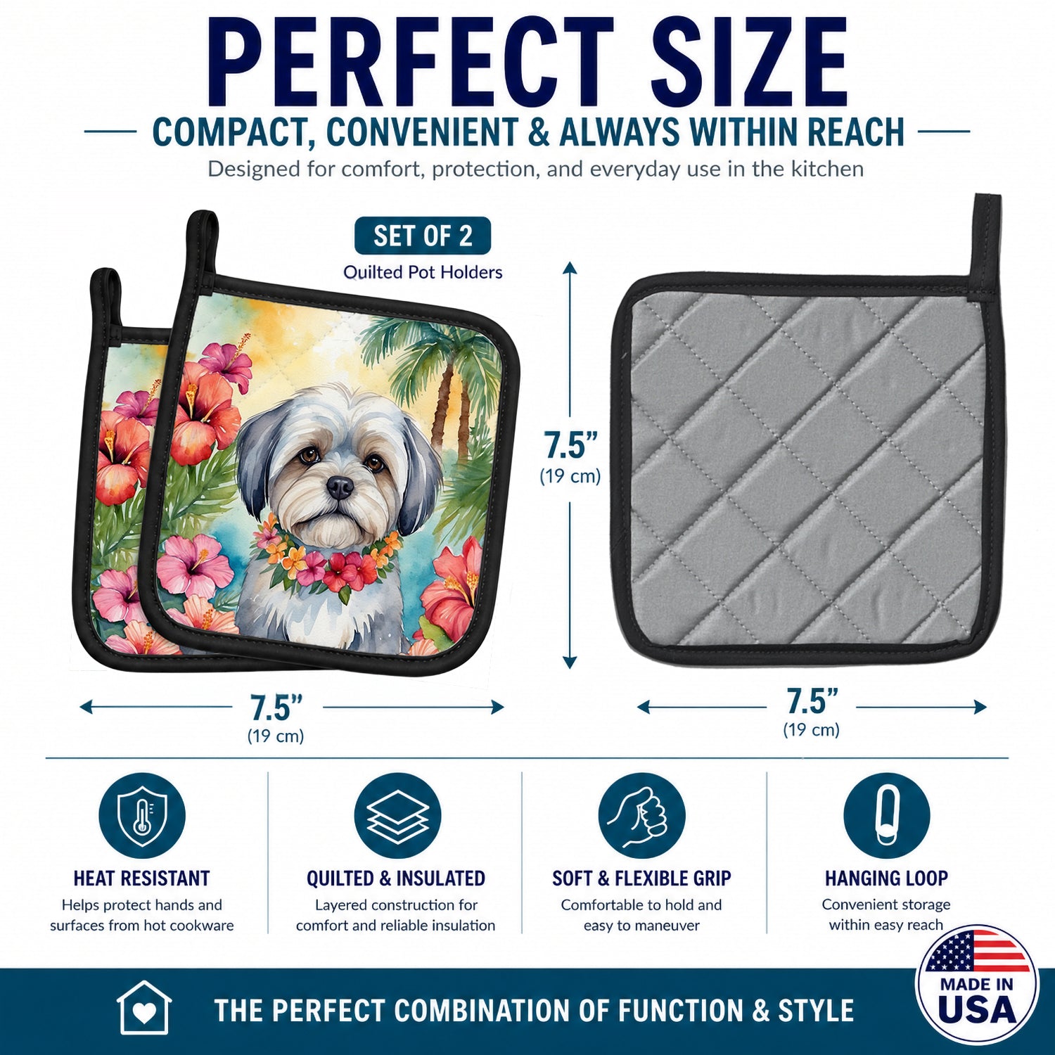 Lhasa Apso Luau Pot Holder Set of 2 Heat Resistant Quilted Hot Pads 7.5 x 7.5 Inch, Insulated Kitchen Trivets for Cooking & Baking
