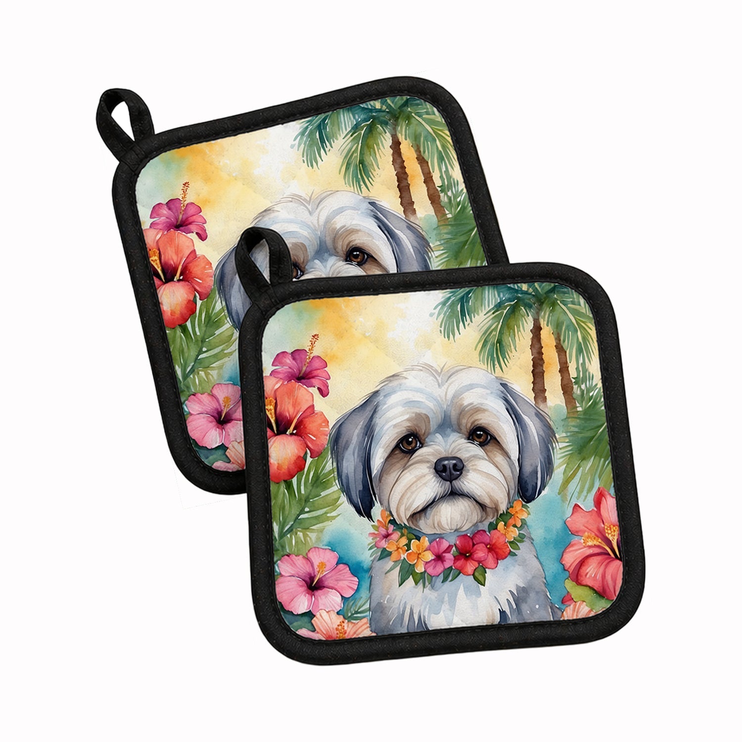 Lhasa Apso Luau Pot Holder Set of 2 Heat Resistant Quilted Hot Pads 7.5 x 7.5 Inch, Insulated Kitchen Trivets for Cooking & Baking