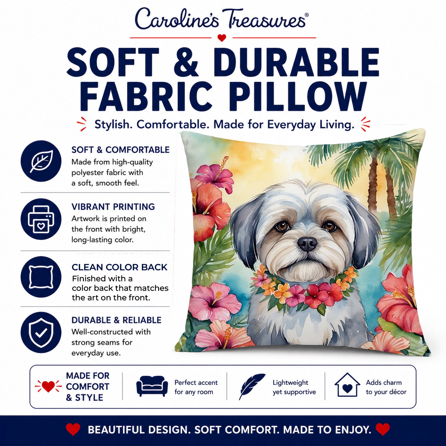 Lhasa Apso Luau Decorative Throw Pillow 14x14 Indoor Outdoor Accent Cushion, Fabric Cover with Insert for Sofa, Bed, Porch & Living Room