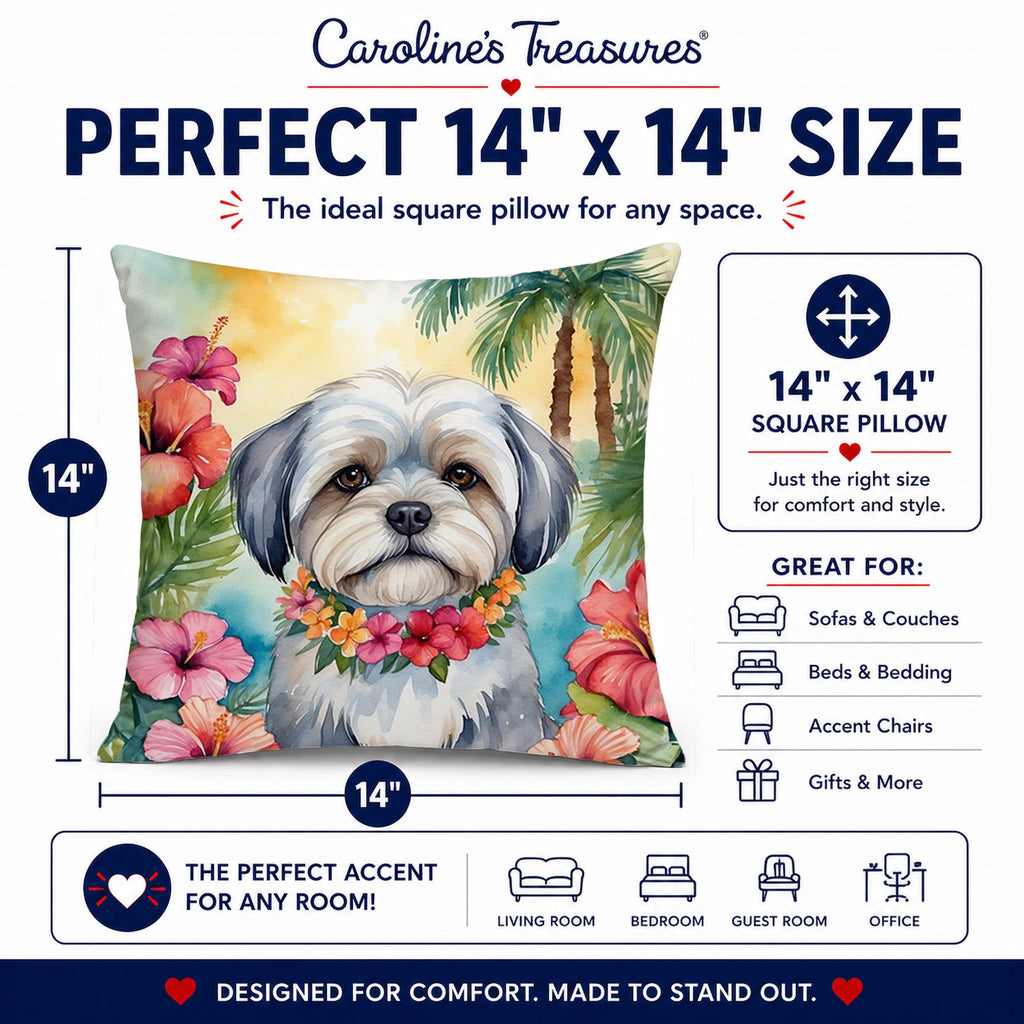 Lhasa Apso Luau Decorative Throw Pillow 14x14 Indoor Outdoor Accent Cushion, Fabric Cover with Insert for Sofa, Bed, Porch & Living Room