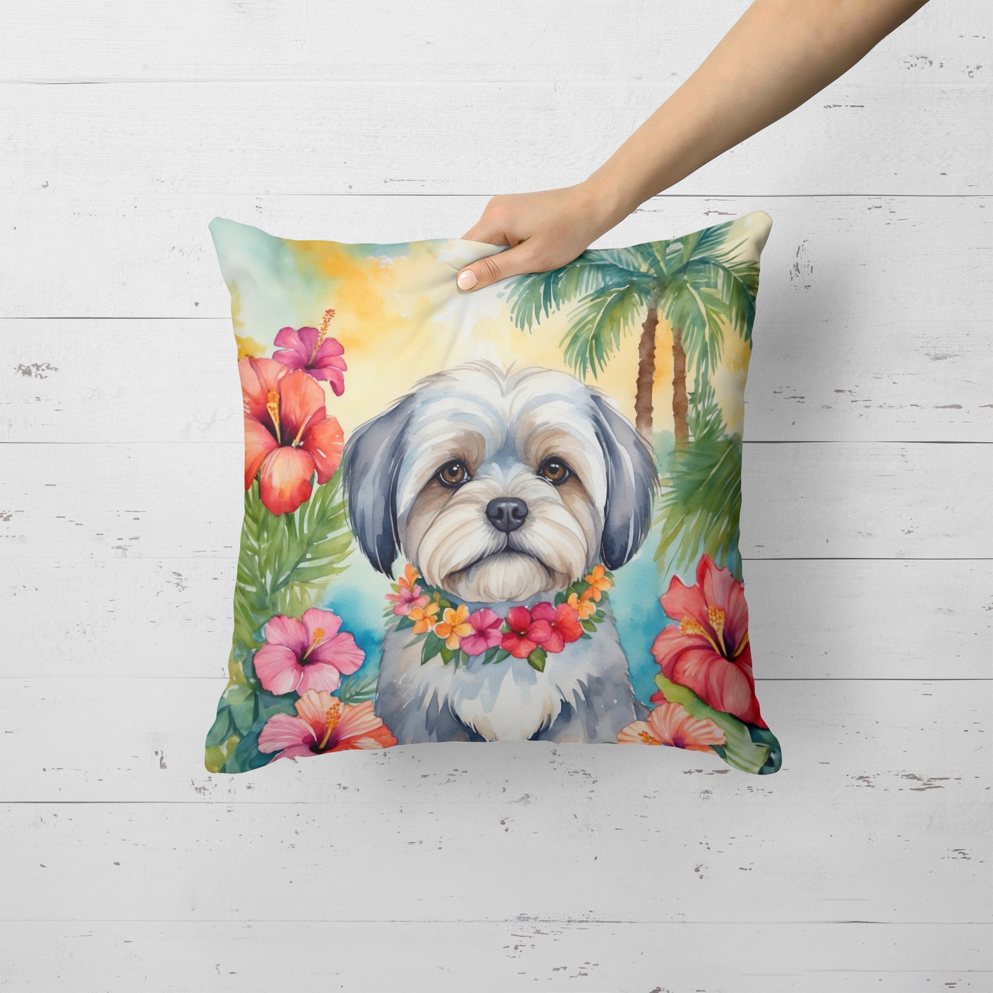Lhasa Apso Luau Decorative Throw Pillow 18x18 Indoor Outdoor Accent Cushion, Fabric Cover with Insert for Sofa, Bed, Porch & Living Room