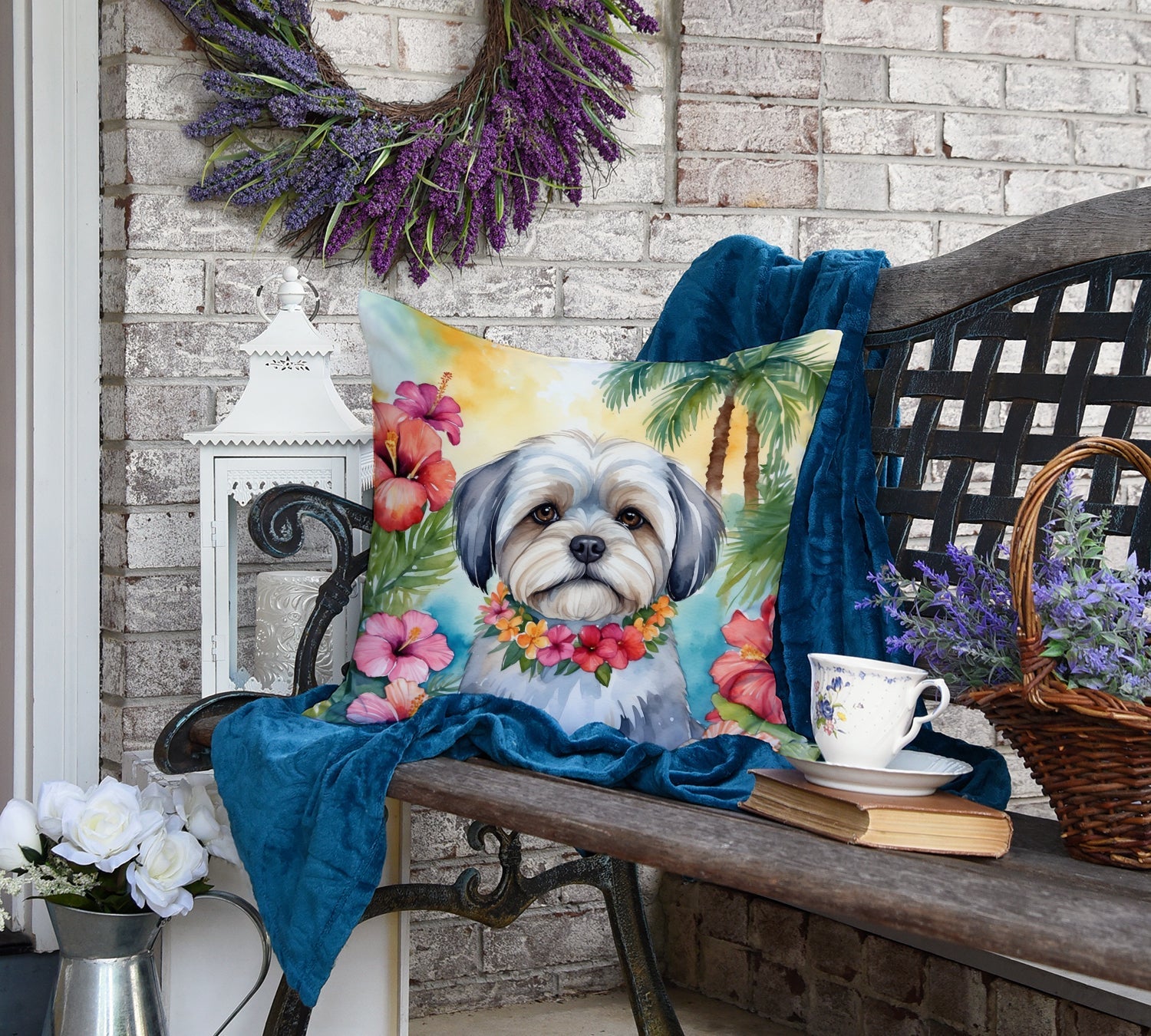 Lhasa Apso Luau Decorative Throw Pillow 18x18 Indoor Outdoor Accent Cushion, Fabric Cover with Insert for Sofa, Bed, Porch & Living Room