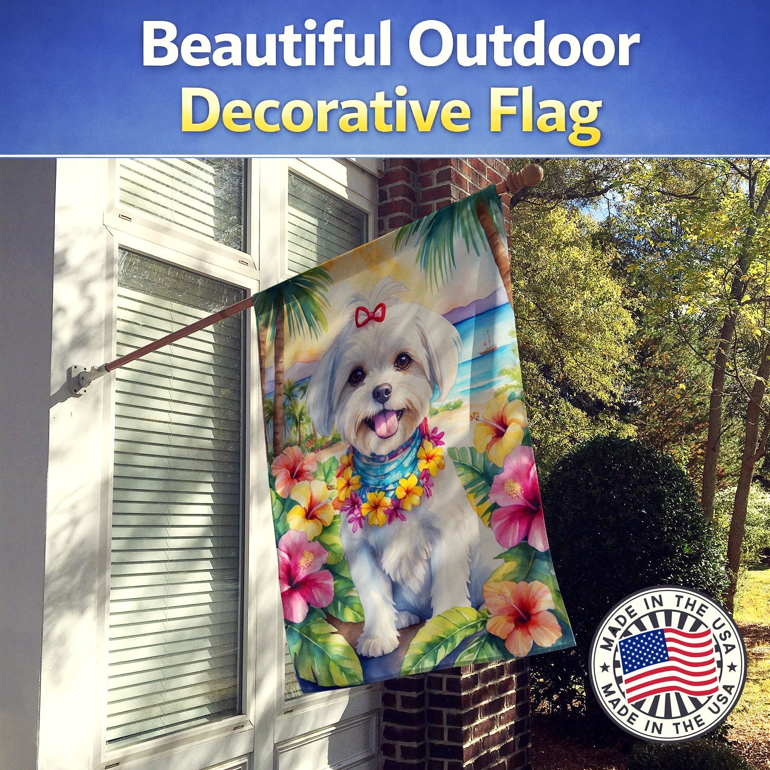 Maltese Luau House Flag 28x40 Porch Sleeve Pole Decorative Outside Yard Banner Artwork Wall Hanging, Polyester
