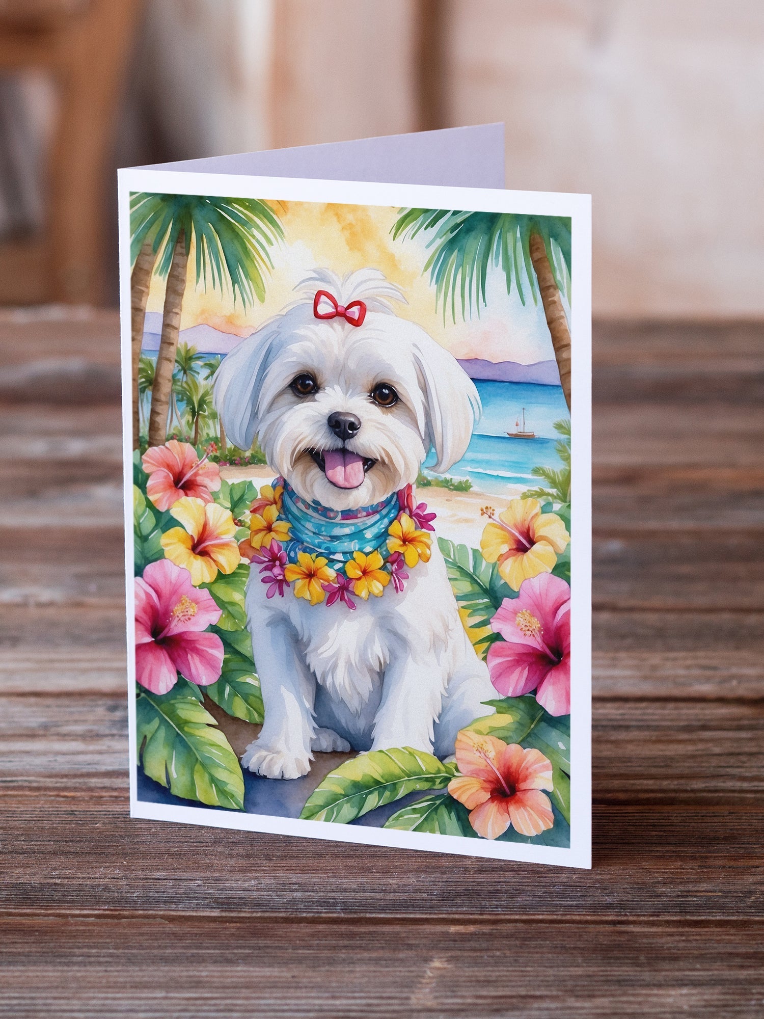 Maltese Luau Greeting Cards Pack of 8 Blank Cards with Envelopes Whimsical A7 Size 5x7