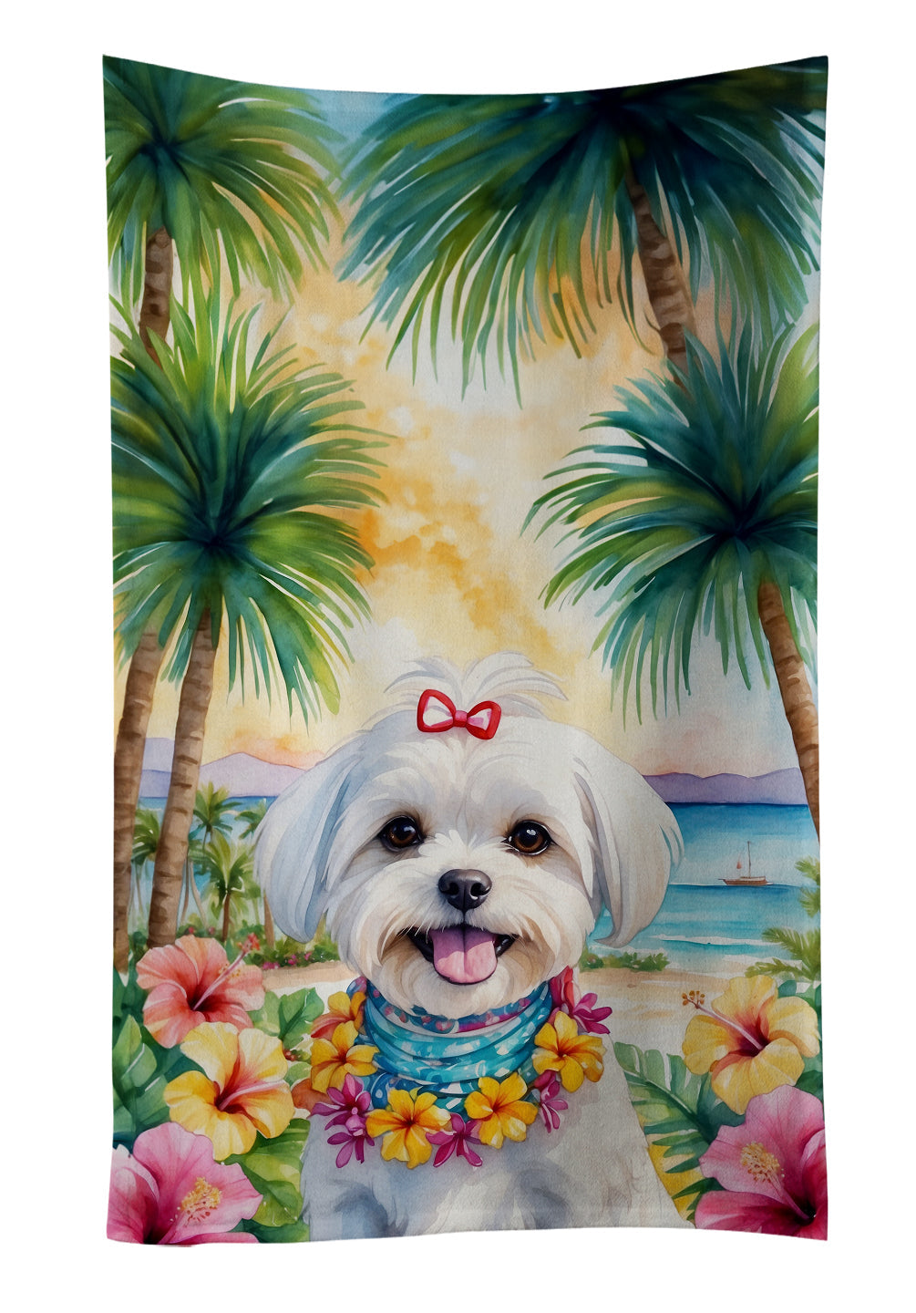 Maltese Luau Kitchen Towel Velour Plush Front and Cotton Loop Back Machine Washable