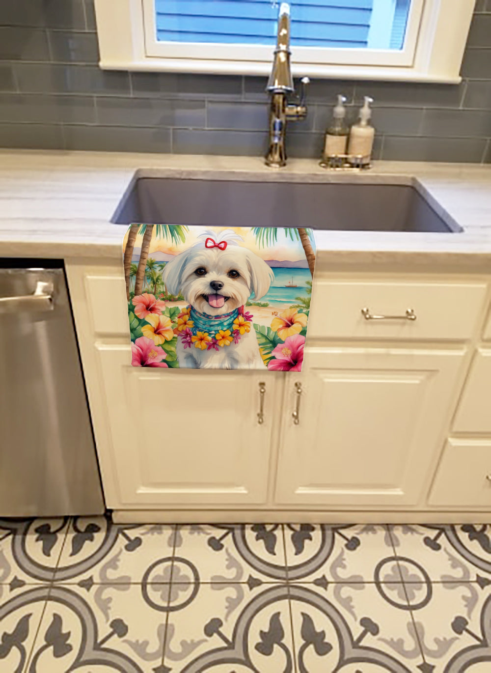 Maltese Luau Kitchen Towel Velour Plush Front and Cotton Loop Back Machine Washable
