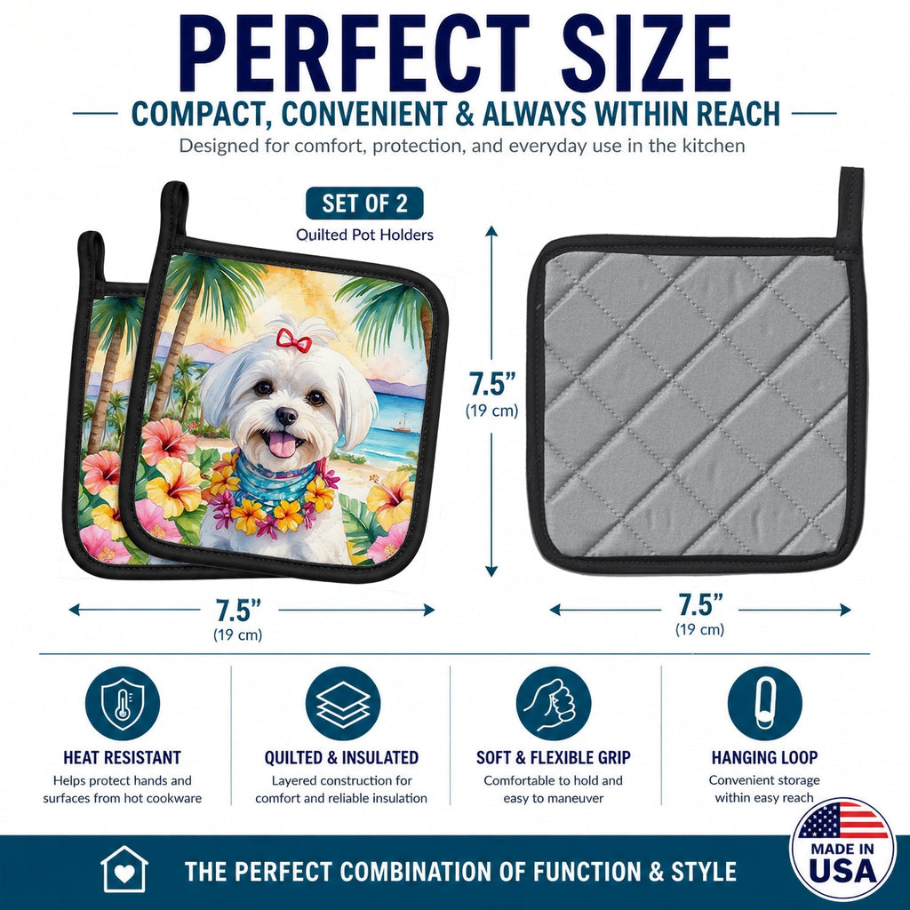 Maltese Luau Pot Holder Set of 2 Heat Resistant Quilted Hot Pads 7.5 x 7.5 Inch, Insulated Kitchen Trivets for Cooking & Baking