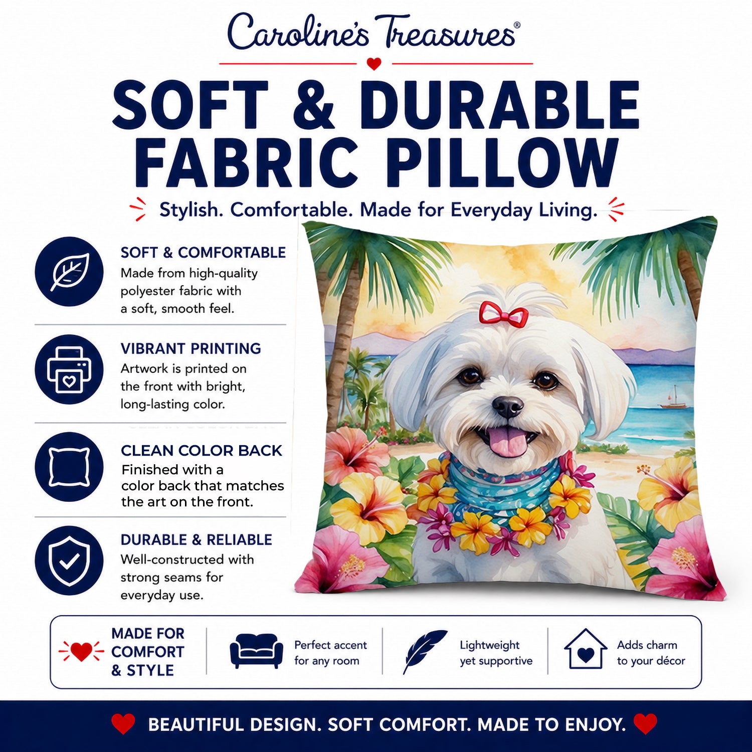 Maltese Luau Decorative Throw Pillow 14x14 Indoor Outdoor Accent Cushion, Fabric Cover with Insert for Sofa, Bed, Porch & Living Room