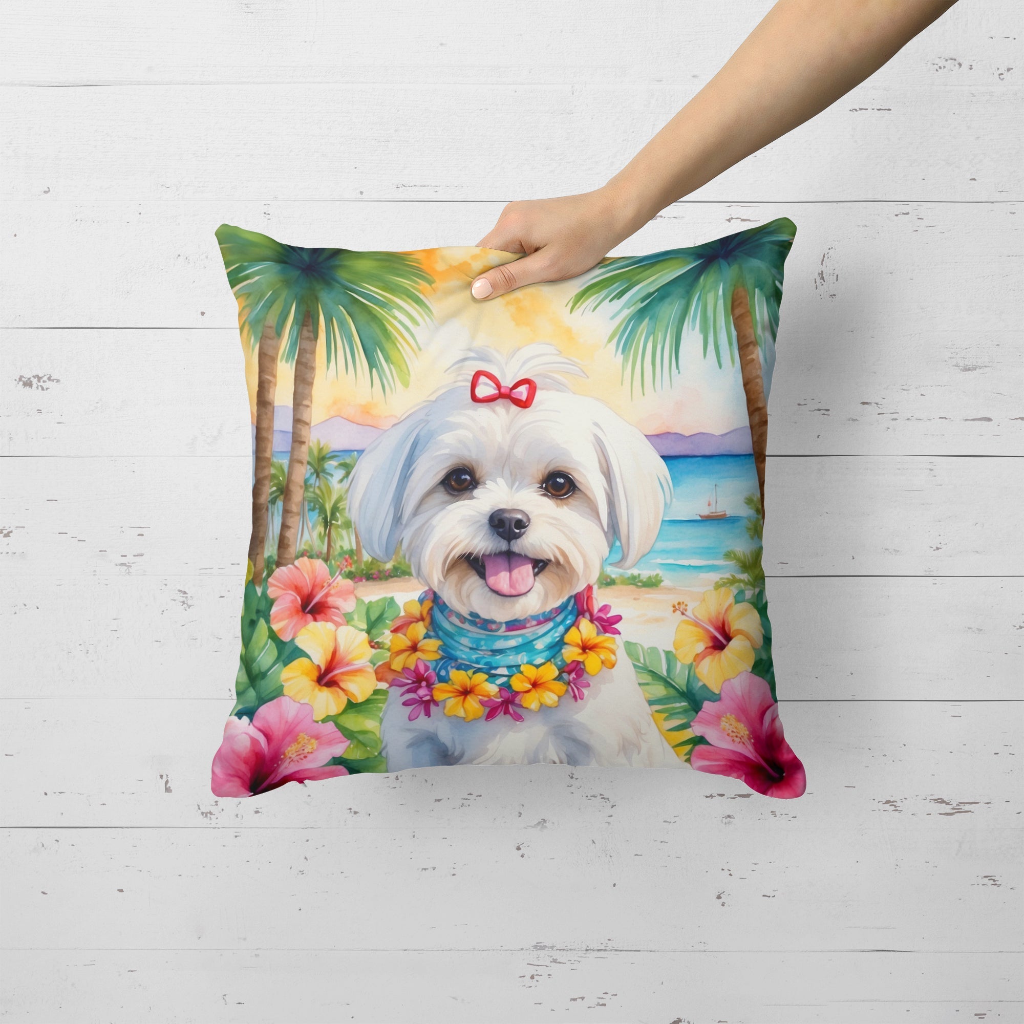 Maltese Luau Decorative Throw Pillow 18x18 Indoor Outdoor Accent Cushion, Fabric Cover with Insert for Sofa, Bed, Porch & Living Room