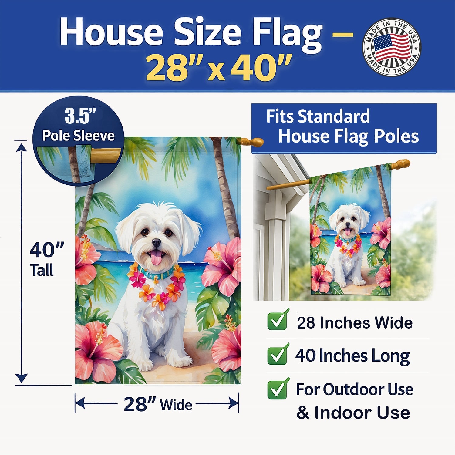 Maltese Luau House Flag 28x40 Porch Sleeve Pole Decorative Outside Yard Banner Artwork Wall Hanging, Polyester