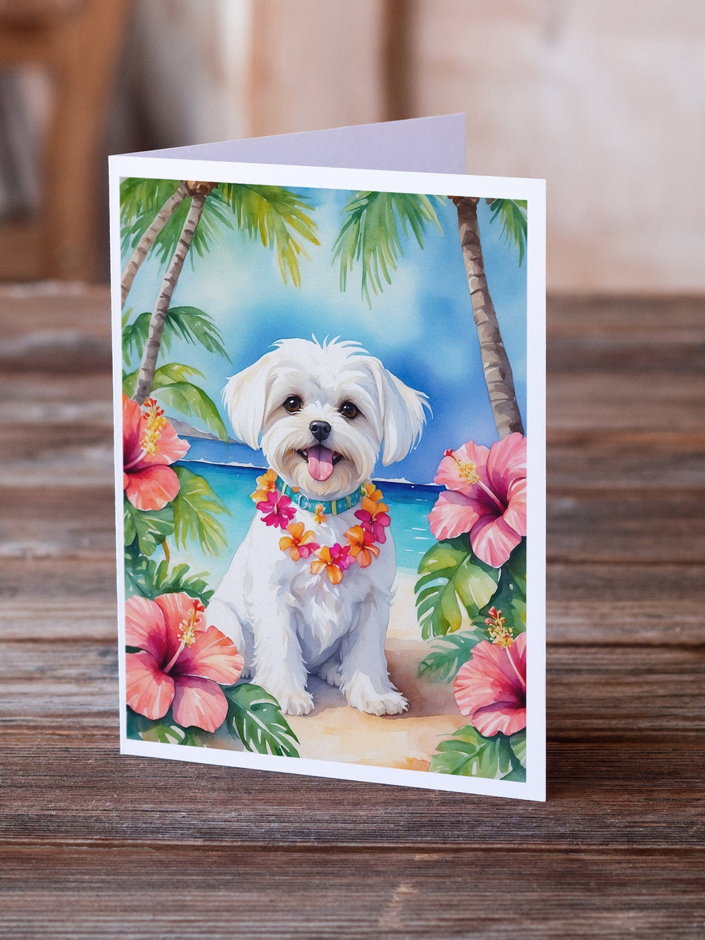 Maltese Luau Greeting Cards Pack of 8 Blank Cards with Envelopes Whimsical A7 Size 5x7