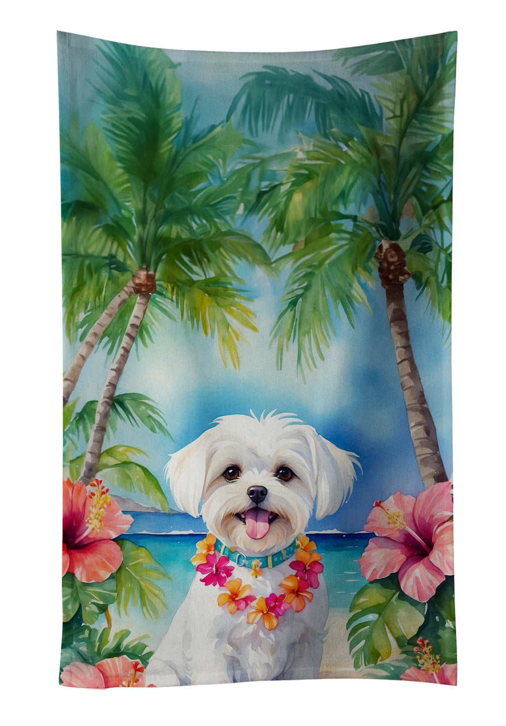 Maltese Luau Kitchen Towel Velour Plush Front and Cotton Loop Back Machine Washable