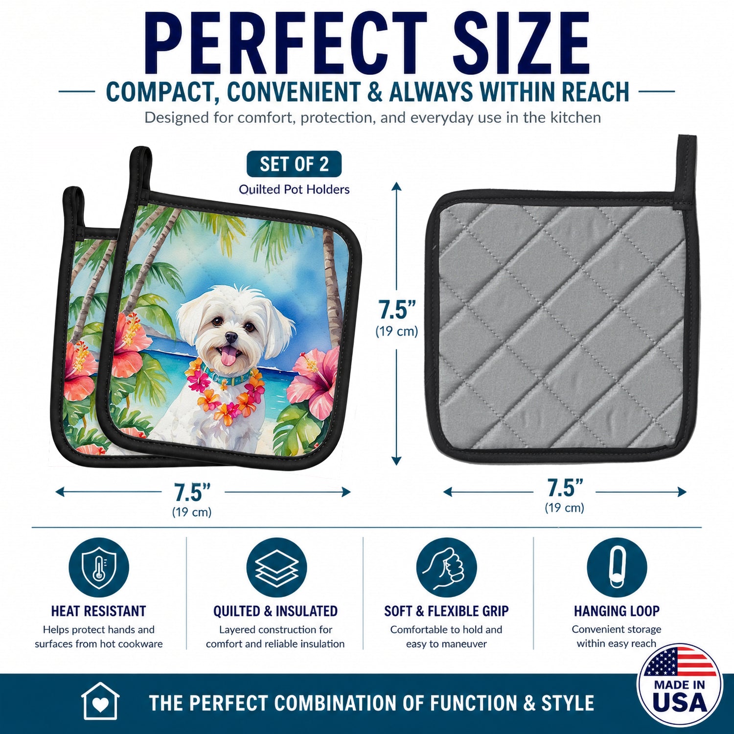 Maltese Luau Pot Holder Set of 2 Heat Resistant Quilted Hot Pads 7.5 x 7.5 Inch, Insulated Kitchen Trivets for Cooking & Baking