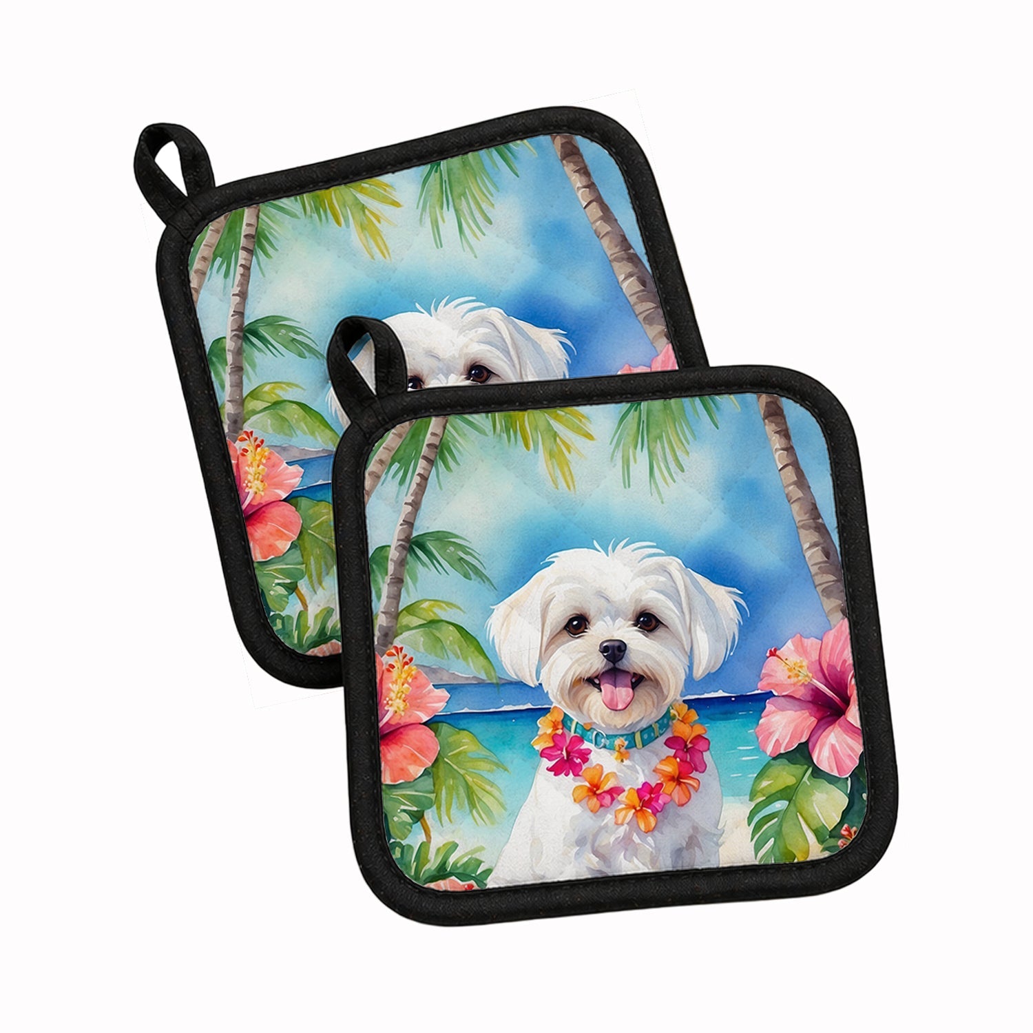 Maltese Luau Pot Holder Set of 2 Heat Resistant Quilted Hot Pads 7.5 x 7.5 Inch, Insulated Kitchen Trivets for Cooking & Baking