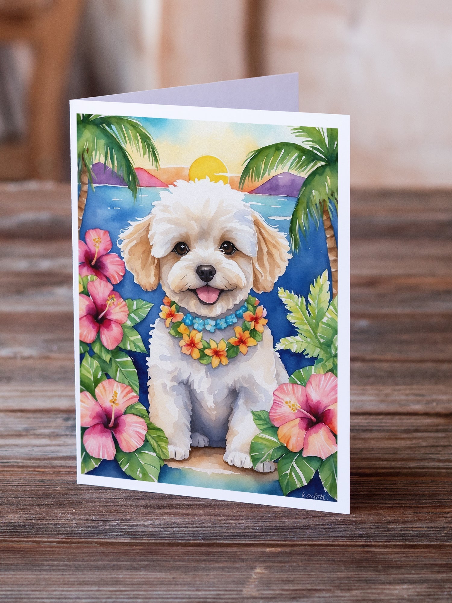 Maltipoo Luau Greeting Cards Pack of 8 Blank Cards with Envelopes Whimsical A7 Size 5x7
