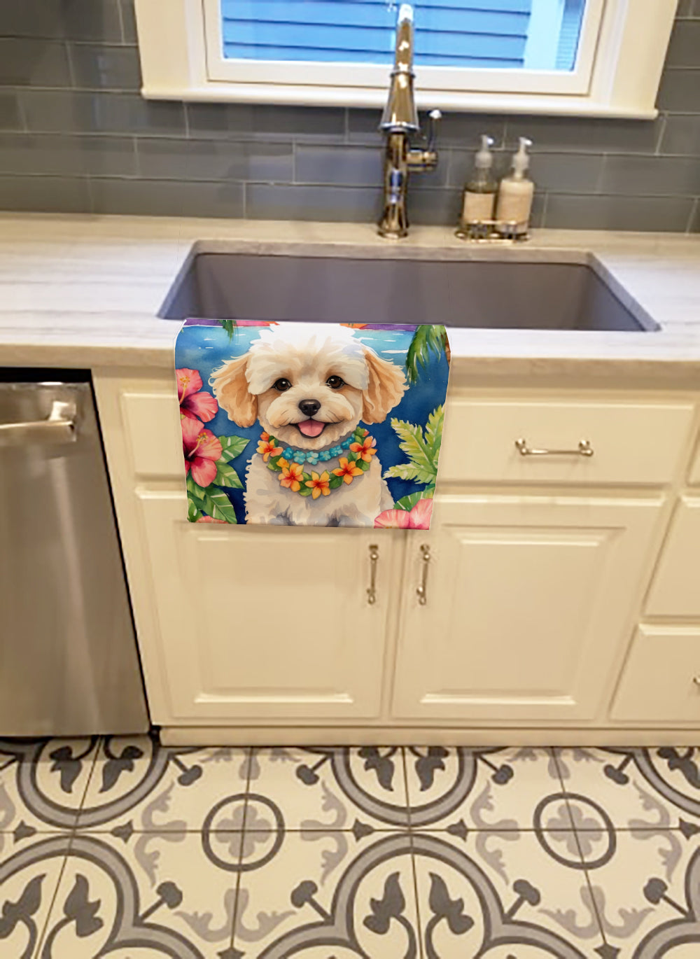 Maltipoo Luau Kitchen Towel Velour Plush Front and Cotton Loop Back Machine Washable