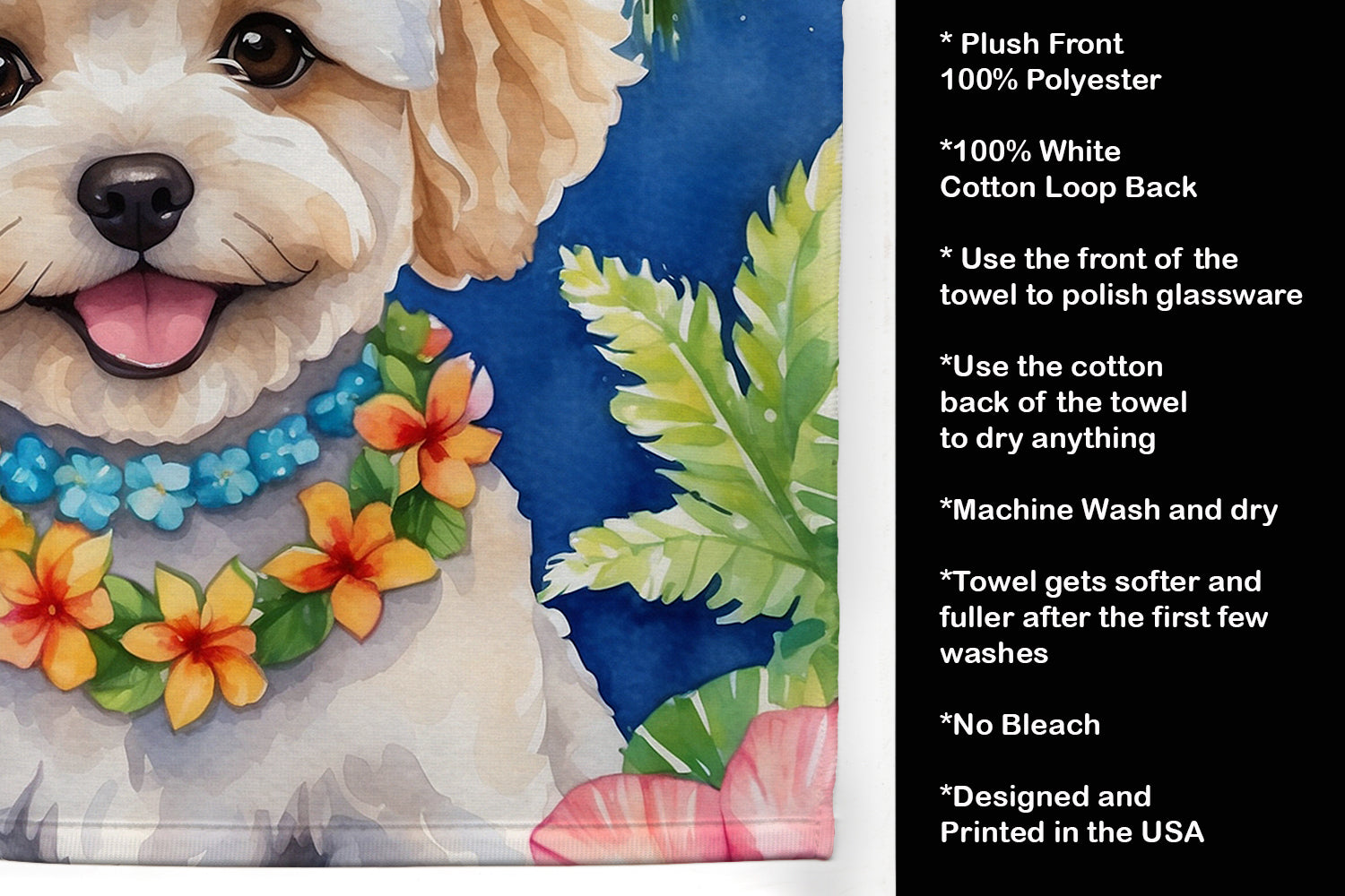 Maltipoo Luau Kitchen Towel Velour Plush Front and Cotton Loop Back Machine Washable