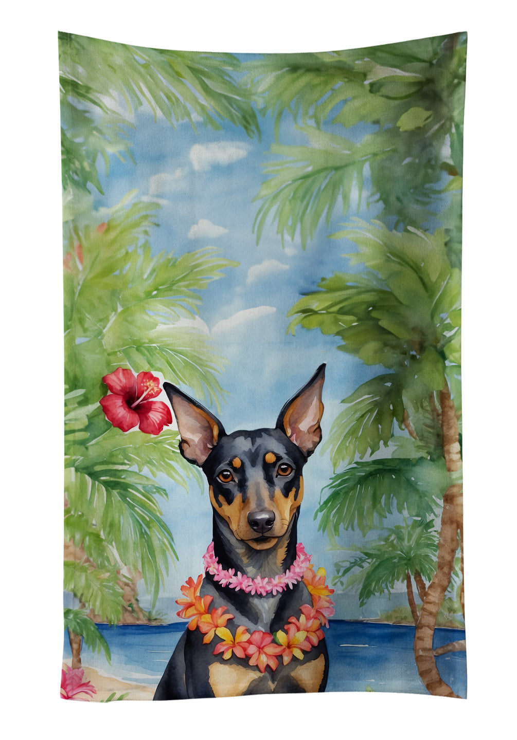 Manchester Terrier Luau Kitchen Towel Velour Plush Front and Cotton Loop Back Machine Washable