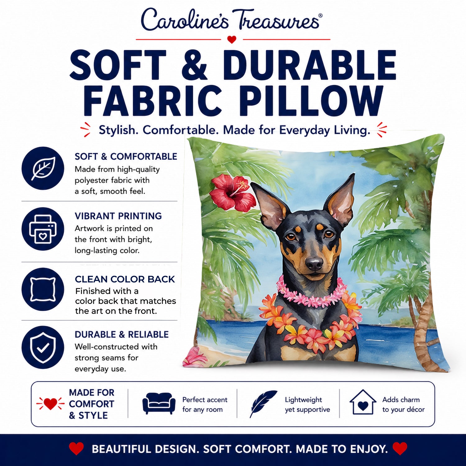 Manchester Terrier Luau Decorative Throw Pillow 14x14 Indoor Outdoor Accent Cushion, Fabric Cover with Insert for Sofa, Bed, Porch & Living Room