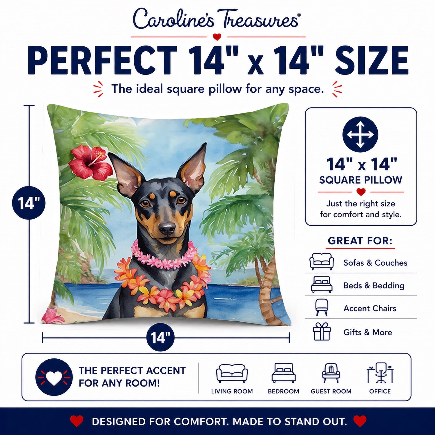 Manchester Terrier Luau Decorative Throw Pillow 14x14 Indoor Outdoor Accent Cushion, Fabric Cover with Insert for Sofa, Bed, Porch & Living Room