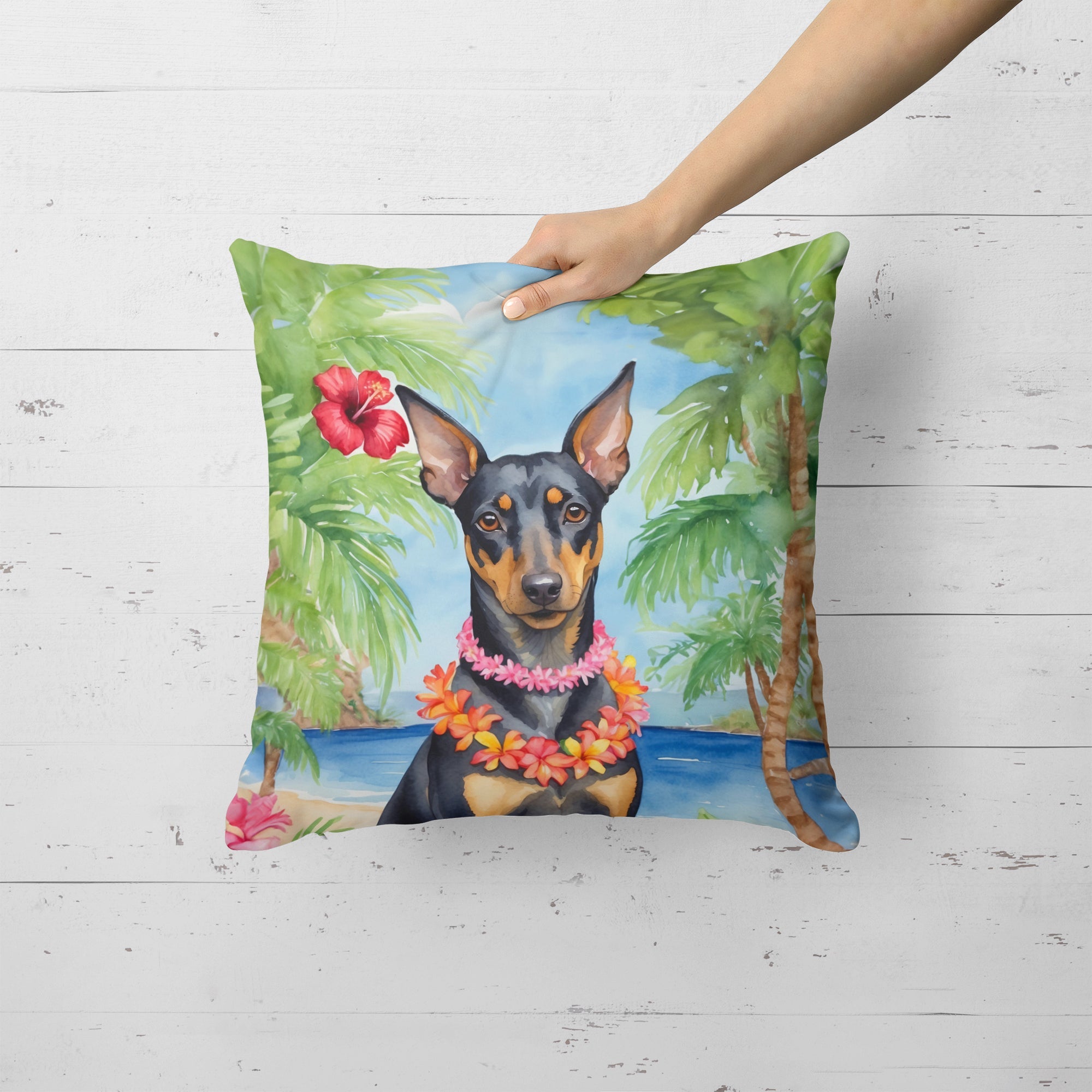 Manchester Terrier Luau Decorative Throw Pillow 18x18 Indoor Outdoor Accent Cushion, Fabric Cover with Insert for Sofa, Bed, Porch & Living Room