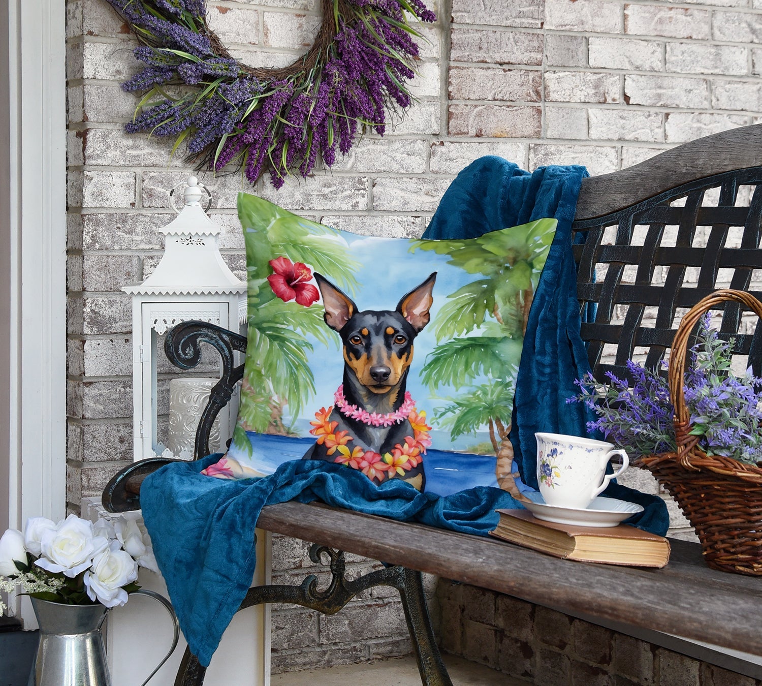 Manchester Terrier Luau Decorative Throw Pillow 18x18 Indoor Outdoor Accent Cushion, Fabric Cover with Insert for Sofa, Bed, Porch & Living Room