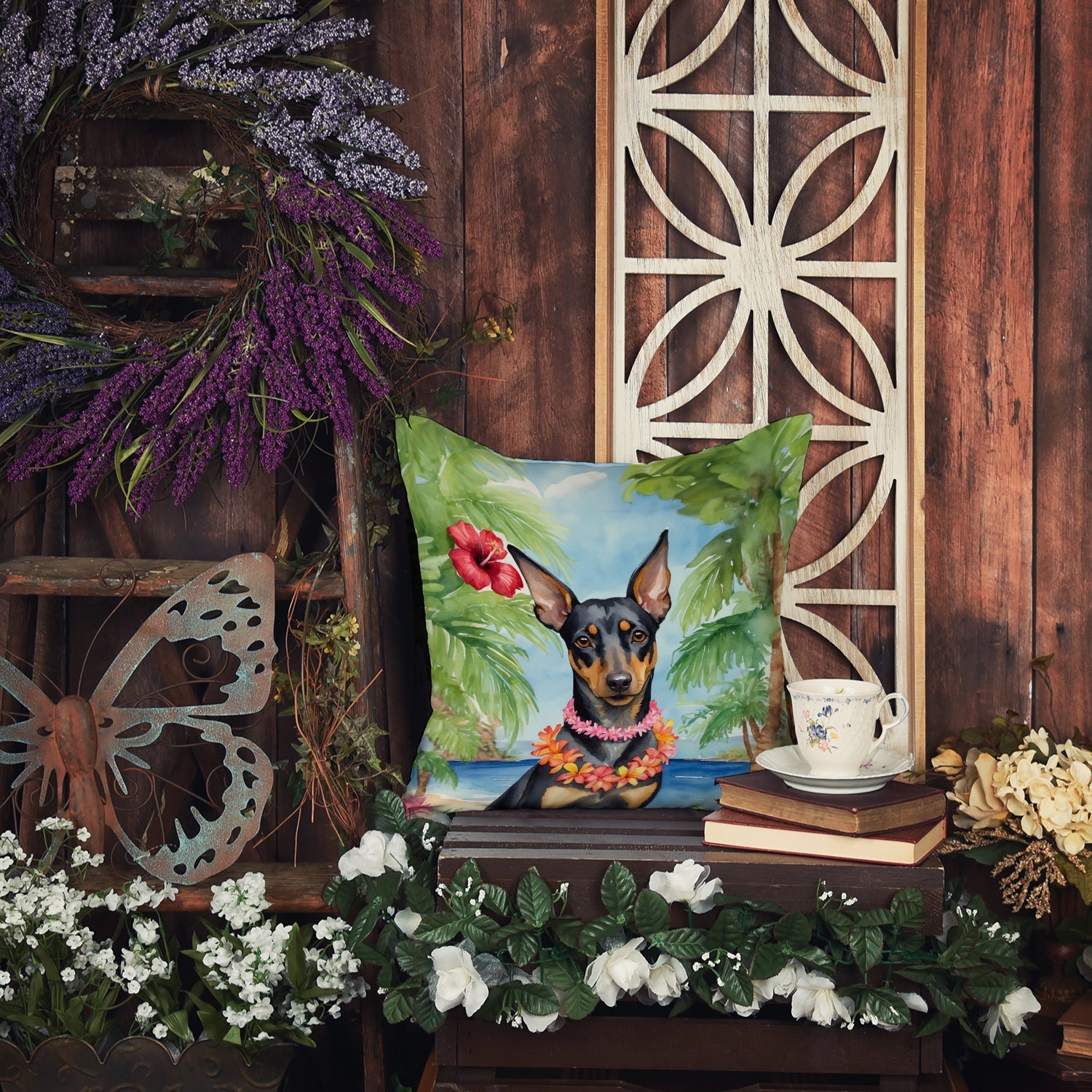 Manchester Terrier Luau Decorative Throw Pillow 18x18 Indoor Outdoor Accent Cushion, Fabric Cover with Insert for Sofa, Bed, Porch & Living Room
