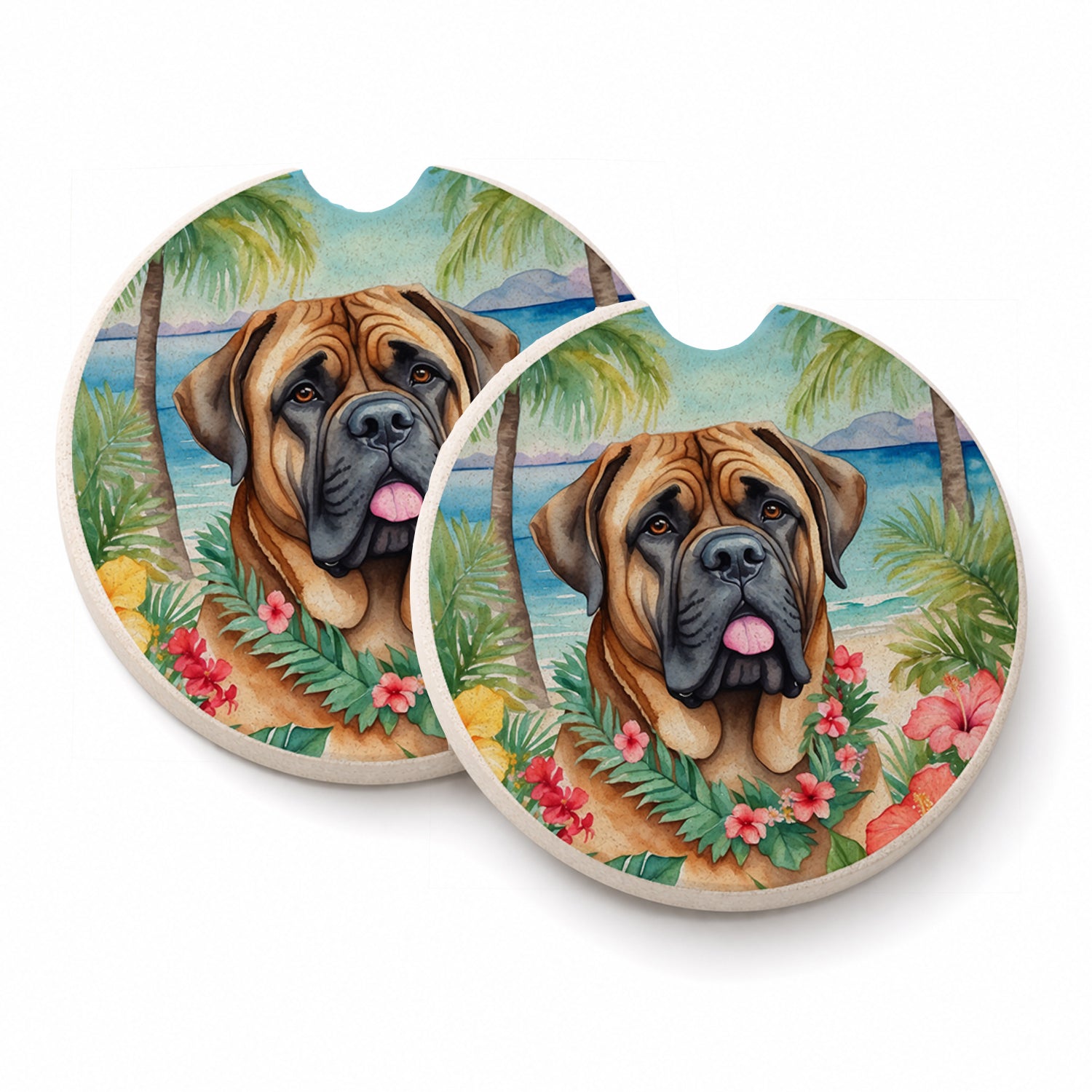 Mastiff Luau Set of 2 Cup Holder Car Coasters Absorbent Round Sandstone Coasters Gifts for Men or Women, 2.5, Multicolor