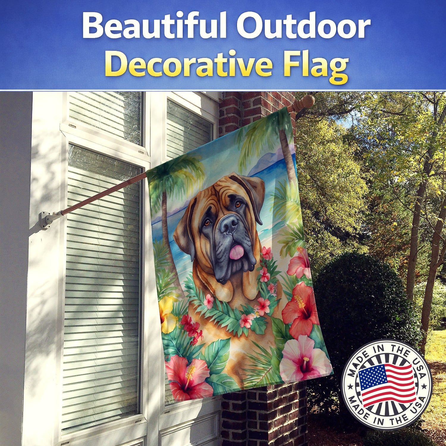 Mastiff Luau House Flag 28x40 Porch Sleeve Pole Decorative Outside Yard Banner Artwork Wall Hanging, Polyester