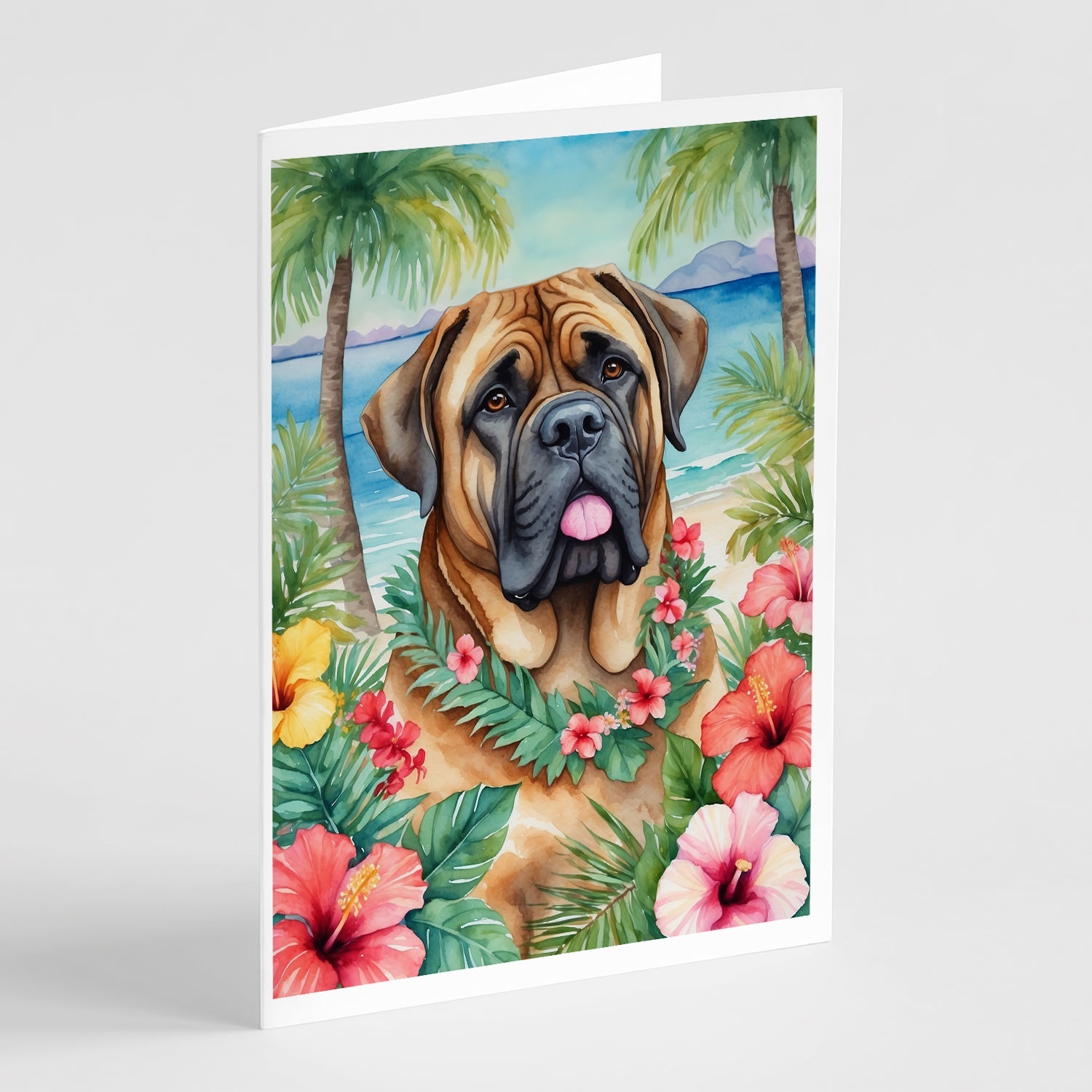 Mastiff Luau Greeting Cards Pack of 8 Blank Cards with Envelopes Whimsical A7 Size 5x7