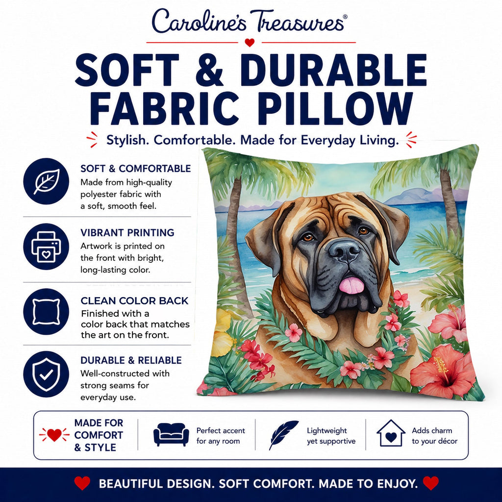 Mastiff Luau Decorative Throw Pillow 14x14 Indoor Outdoor Accent Cushion, Fabric Cover with Insert for Sofa, Bed, Porch & Living Room