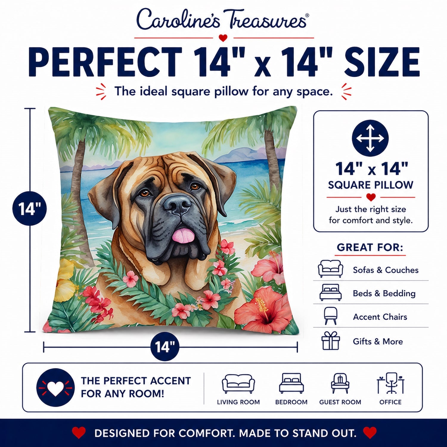 Mastiff Luau Decorative Throw Pillow 14x14 Indoor Outdoor Accent Cushion, Fabric Cover with Insert for Sofa, Bed, Porch & Living Room