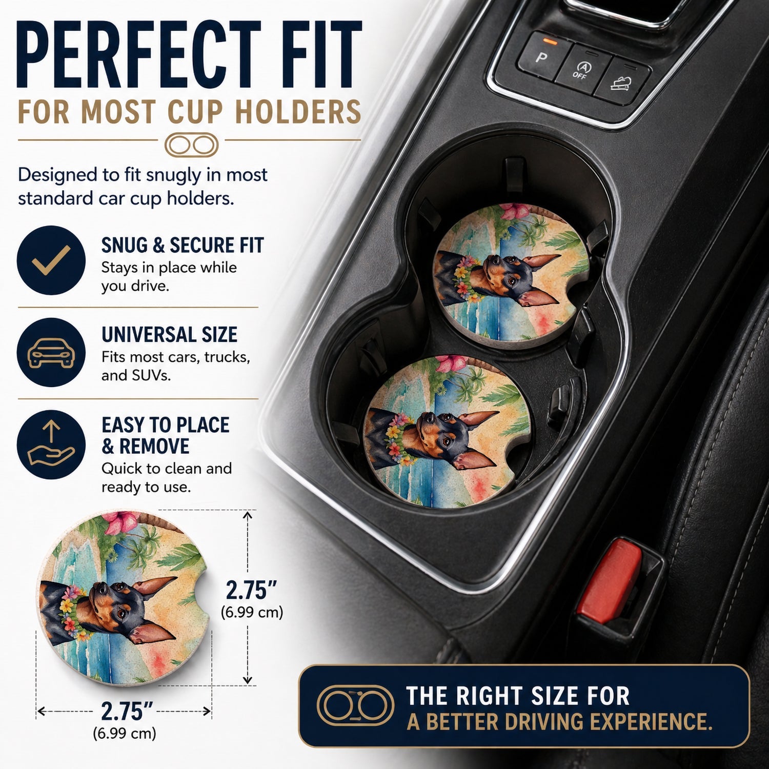 Miniature Pinscher Luau Set of 2 Cup Holder Car Coasters Absorbent Round Sandstone Coasters Gifts for Men or Women, 2.5, Multicolor