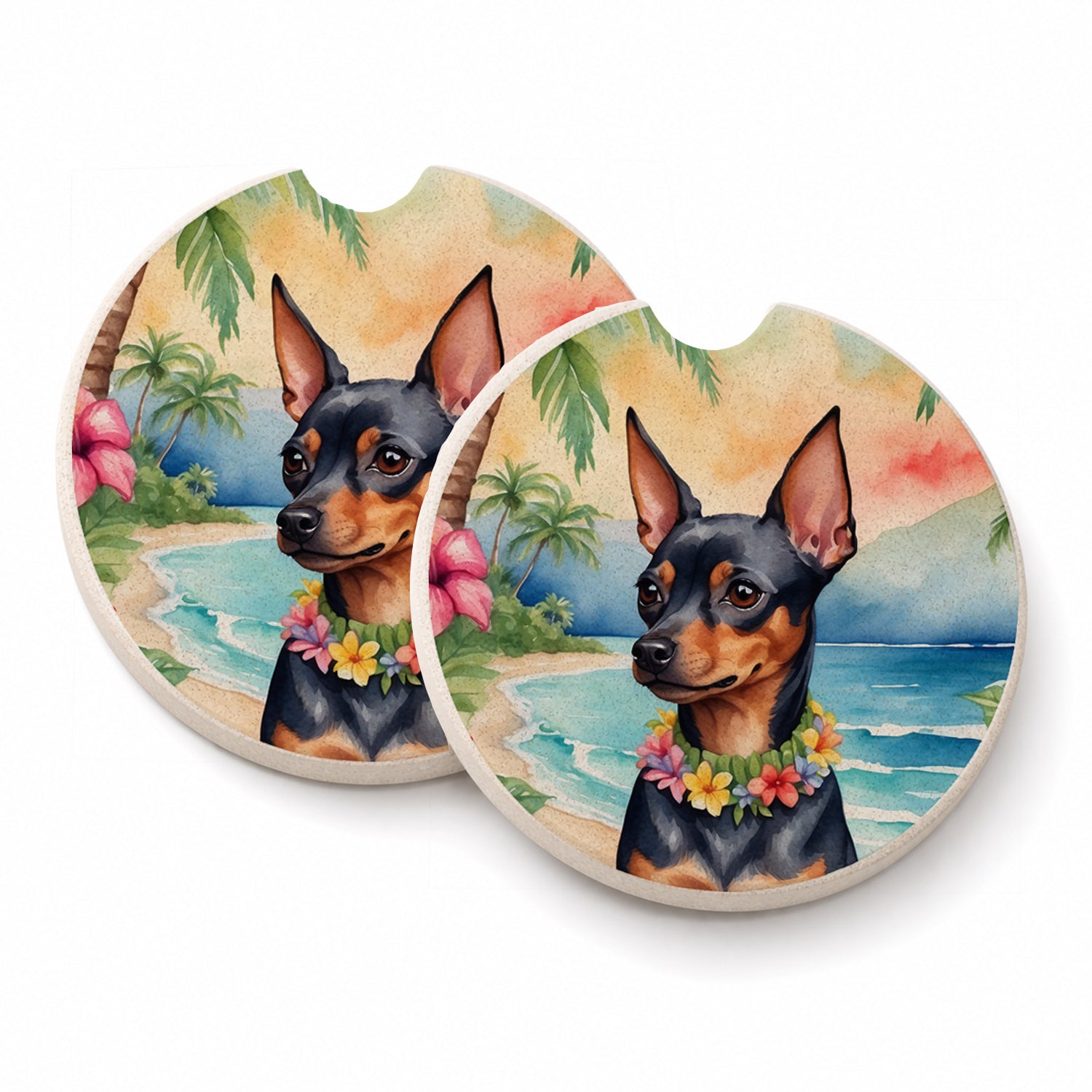 Miniature Pinscher Luau Set of 2 Cup Holder Car Coasters Absorbent Round Sandstone Coasters Gifts for Men or Women, 2.5, Multicolor