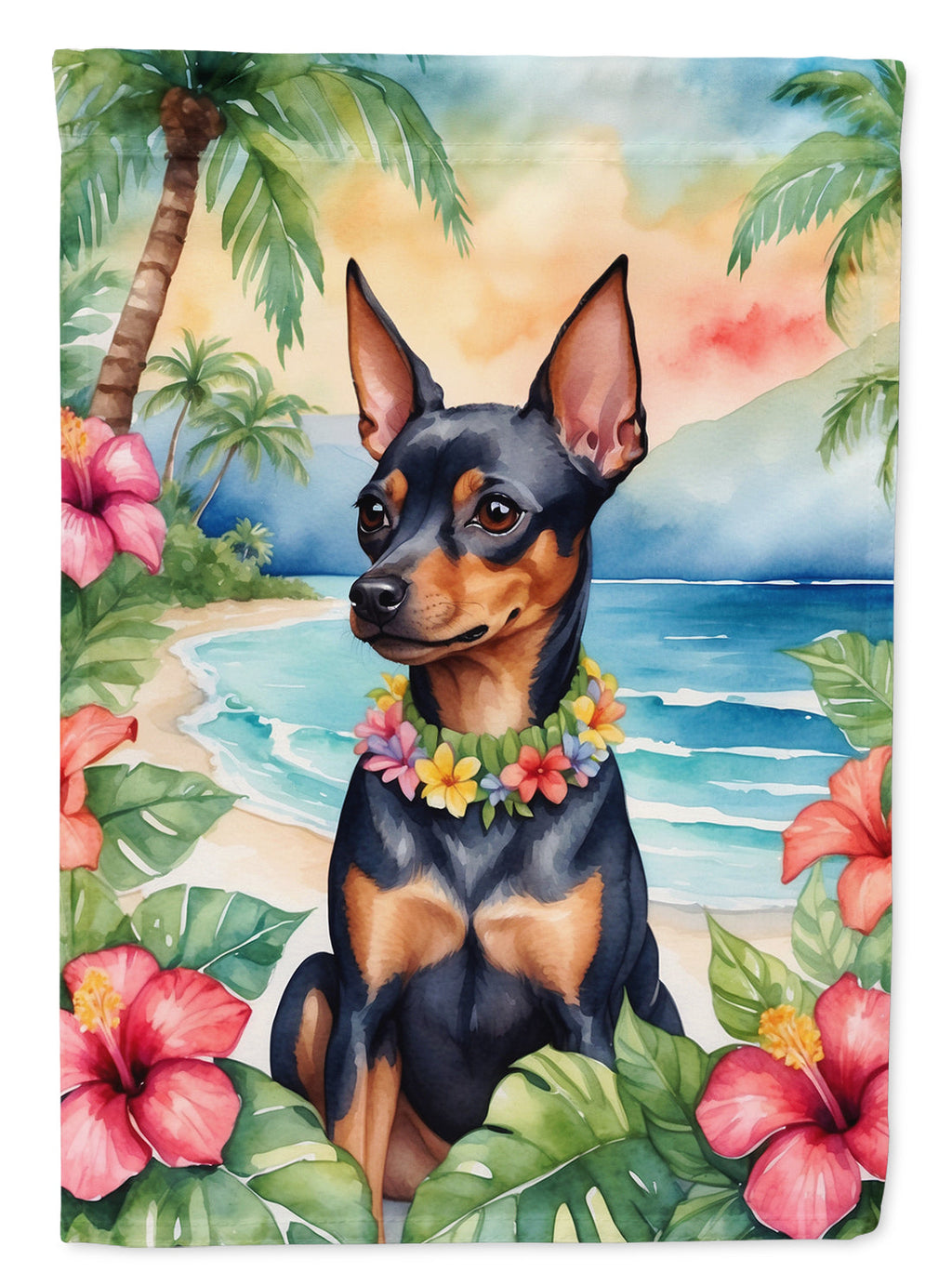 Miniature Pinscher Luau House Flag 28x40 Porch Sleeve Pole Decorative Outside Yard Banner Artwork Wall Hanging, Polyester