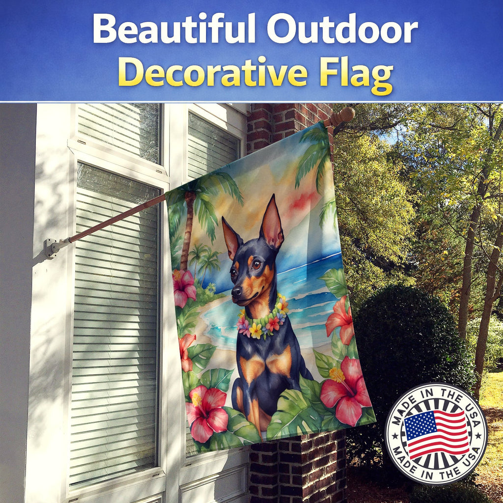 Miniature Pinscher Luau House Flag 28x40 Porch Sleeve Pole Decorative Outside Yard Banner Artwork Wall Hanging, Polyester