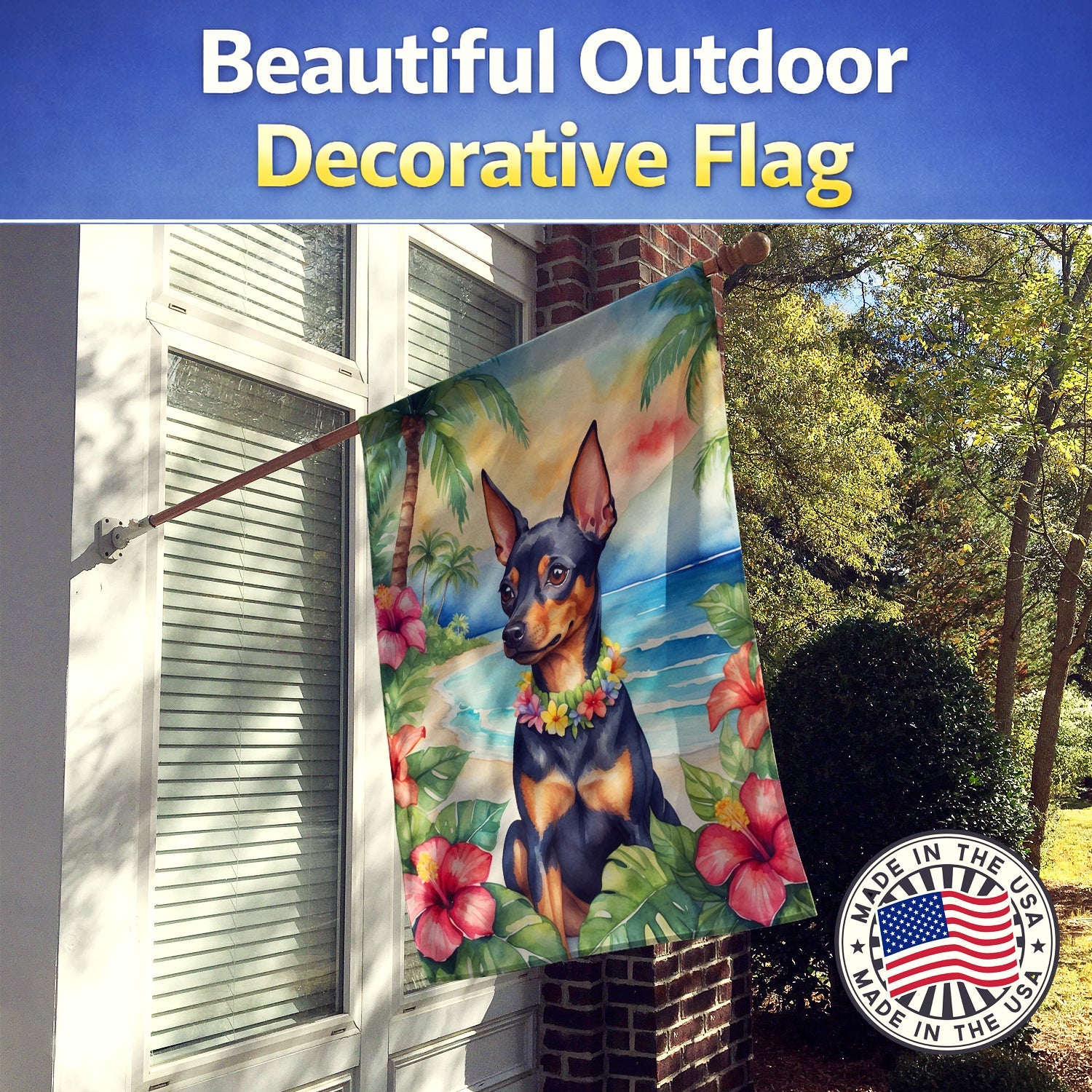 Miniature Pinscher Luau House Flag 28x40 Porch Sleeve Pole Decorative Outside Yard Banner Artwork Wall Hanging, Polyester