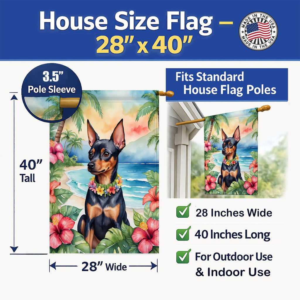 Miniature Pinscher Luau House Flag 28x40 Porch Sleeve Pole Decorative Outside Yard Banner Artwork Wall Hanging, Polyester
