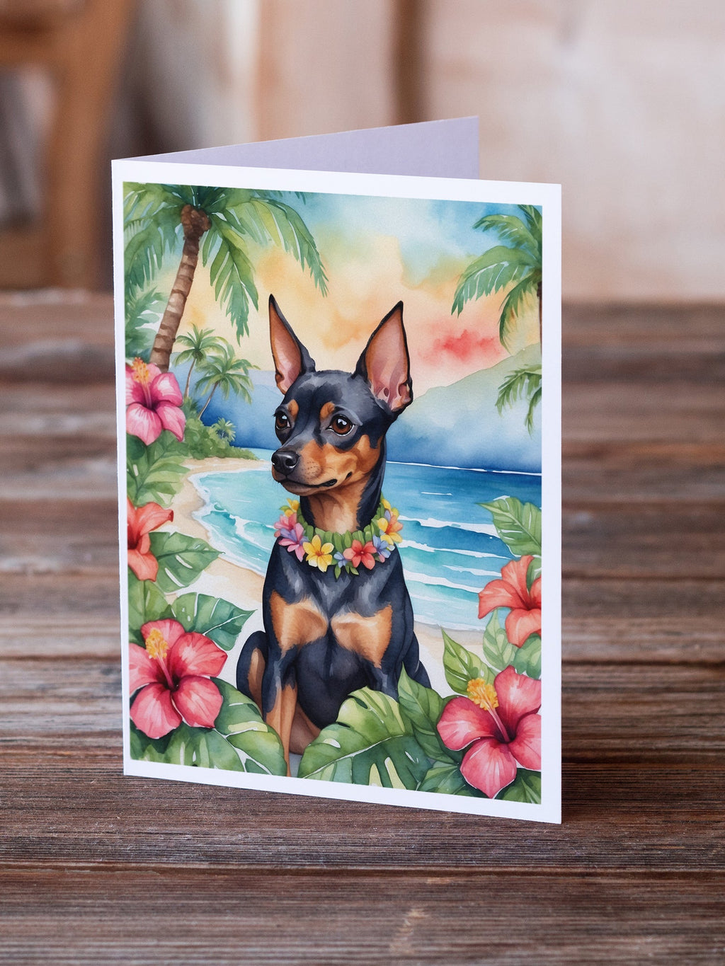 Miniature Pinscher Luau Greeting Cards Pack of 8 Blank Cards with Envelopes Whimsical A7 Size 5x7