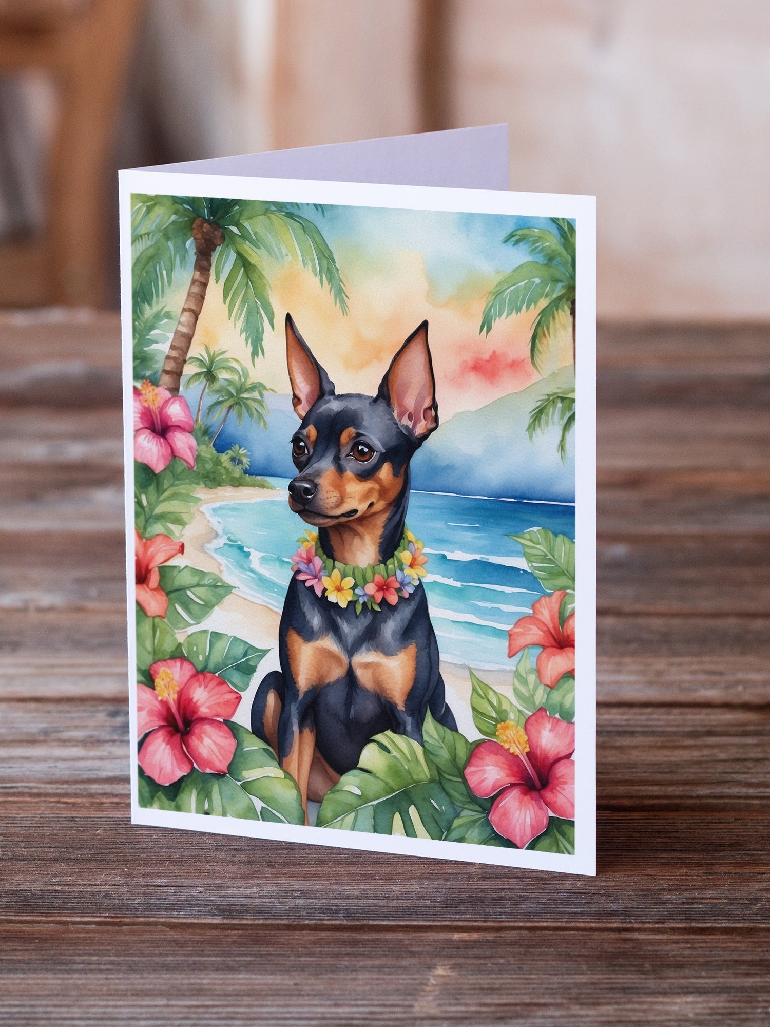 Miniature Pinscher Luau Greeting Cards Pack of 8 Blank Cards with Envelopes Whimsical A7 Size 5x7